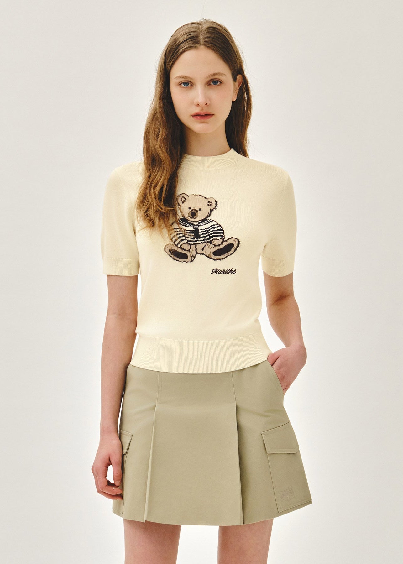 W DOODLE BEAR HALF KNIT PULLOVER