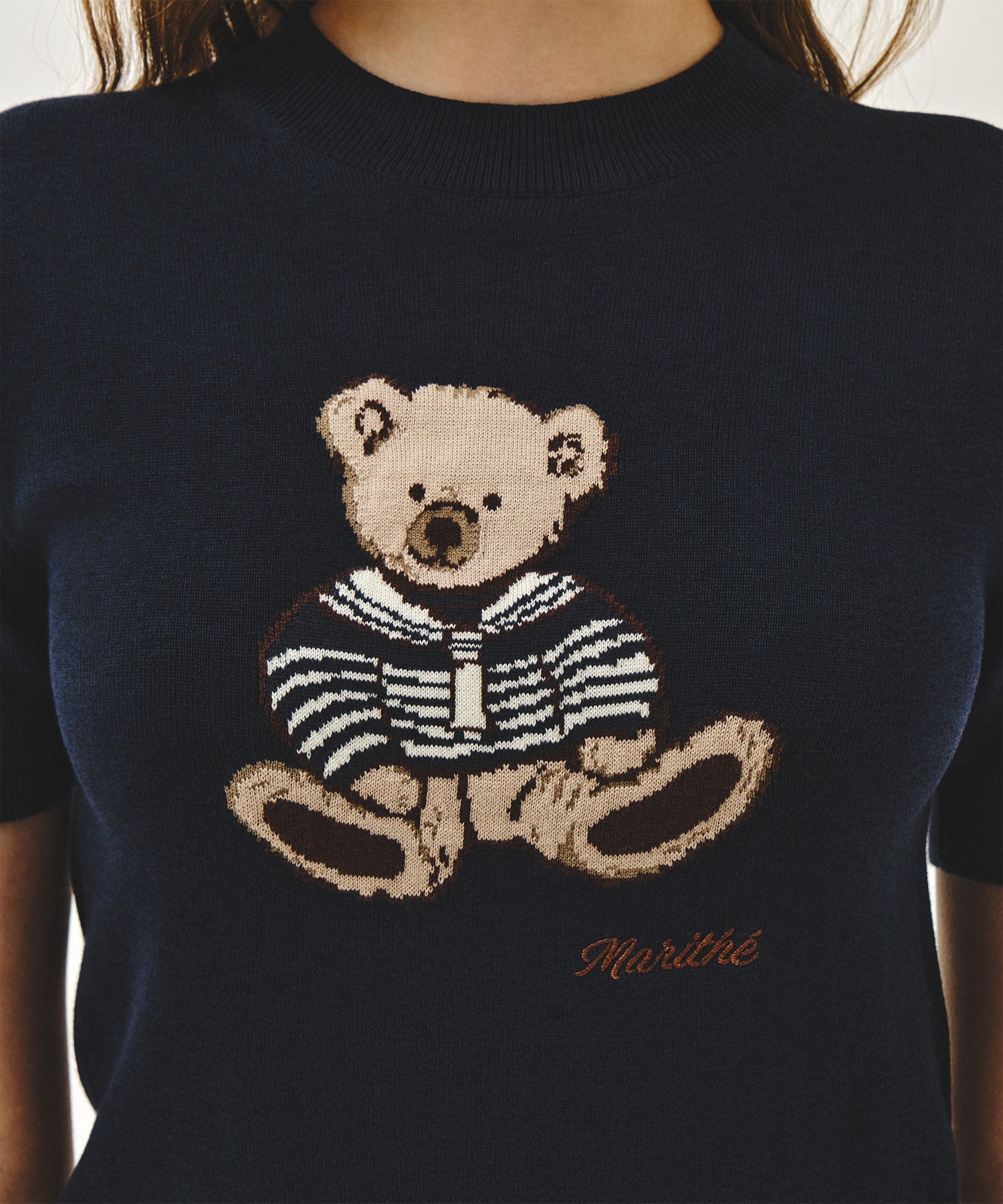 W DOODLE BEAR HALF KNIT PULLOVER
