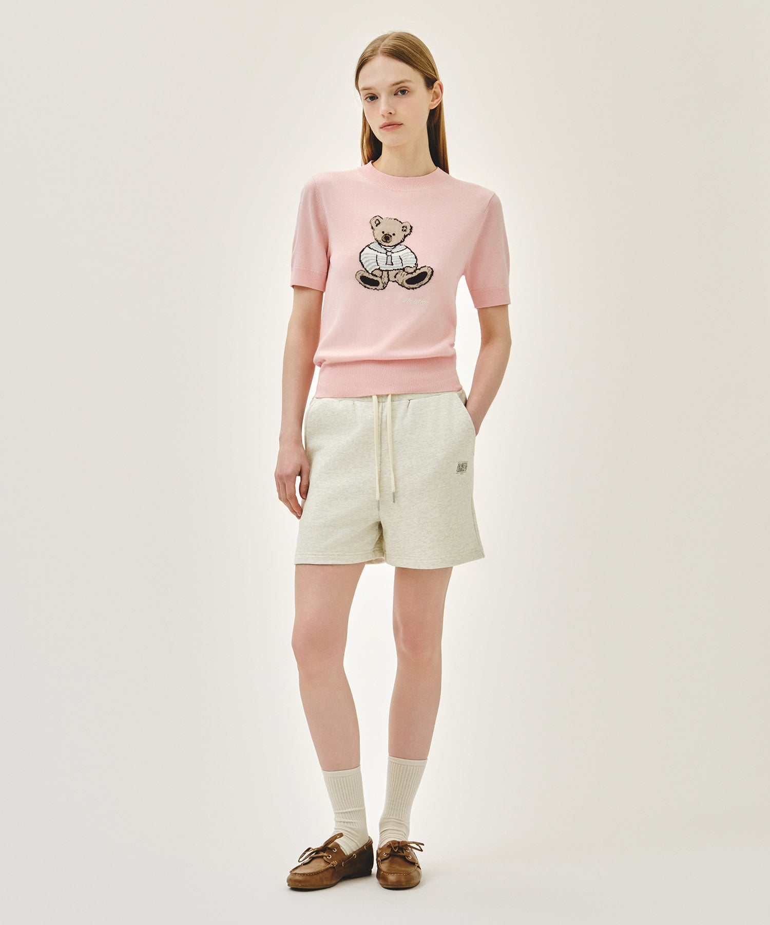 W DOODLE BEAR HALF KNIT PULLOVER