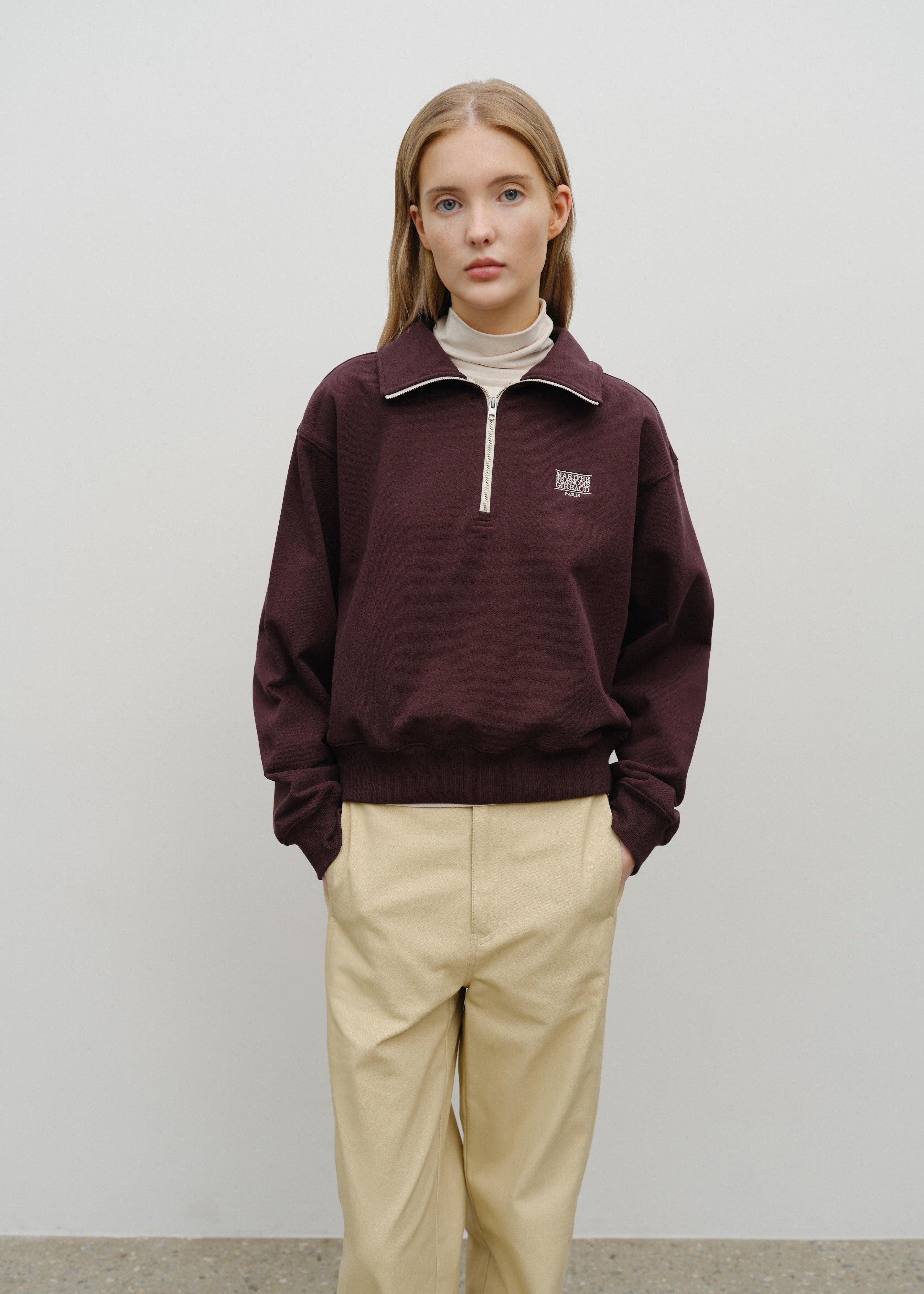 W CHAIN STITCH LOGO HALF ZIP-UP CROP SWEATSHIRT