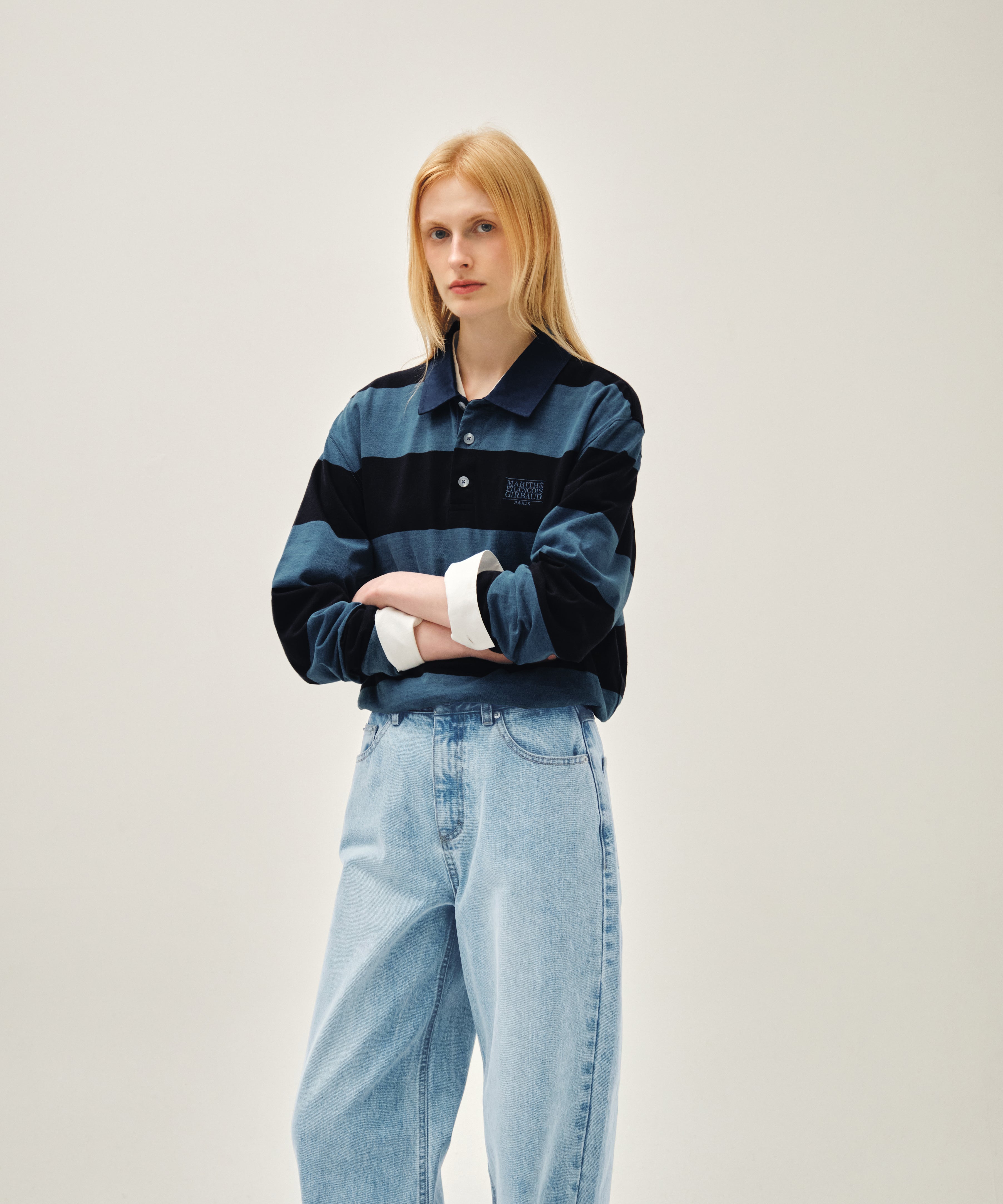 WASHED DENIM COLLAR LONG SLEEVE TEE