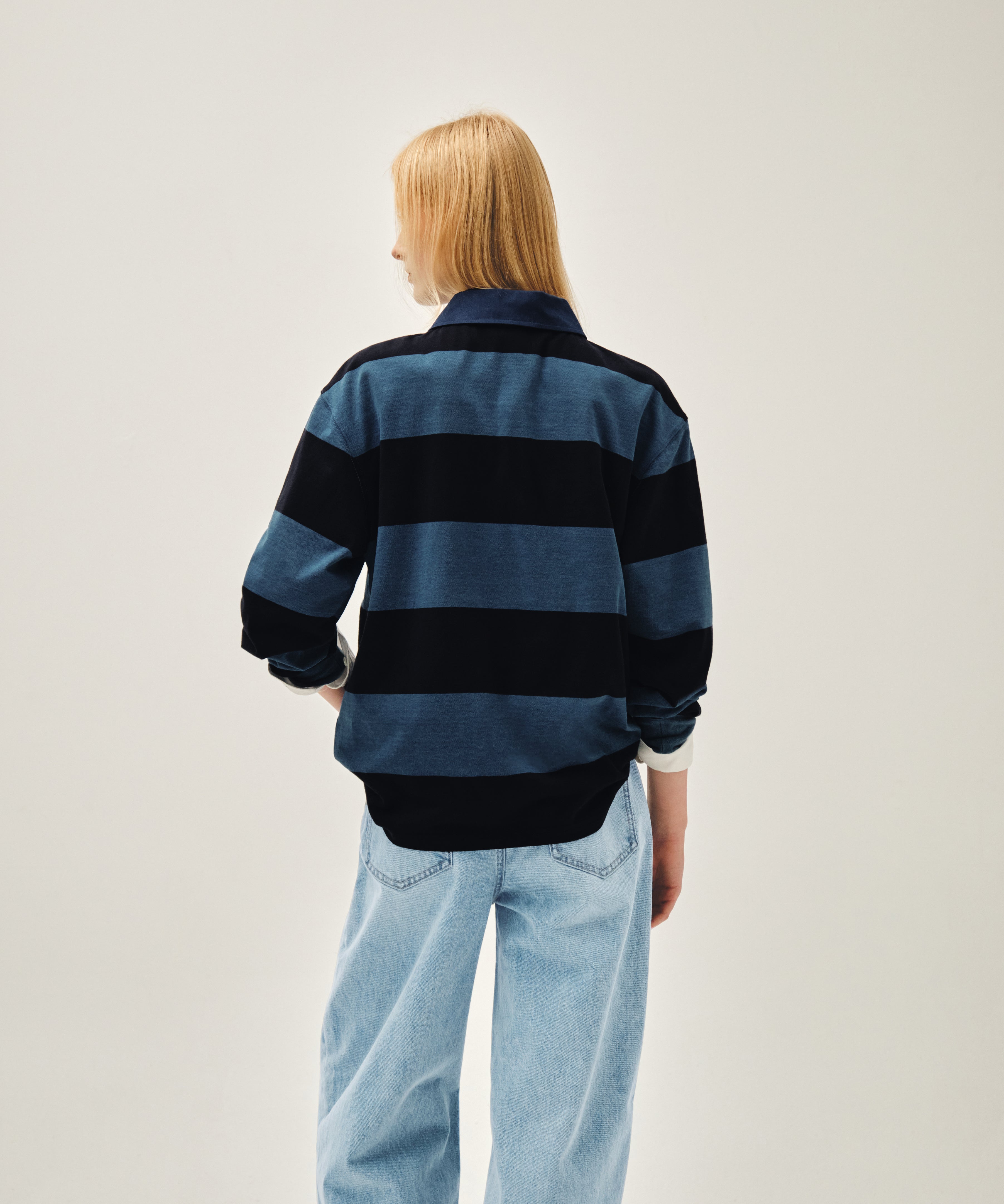 WASHED DENIM COLLAR LONG SLEEVE TEE