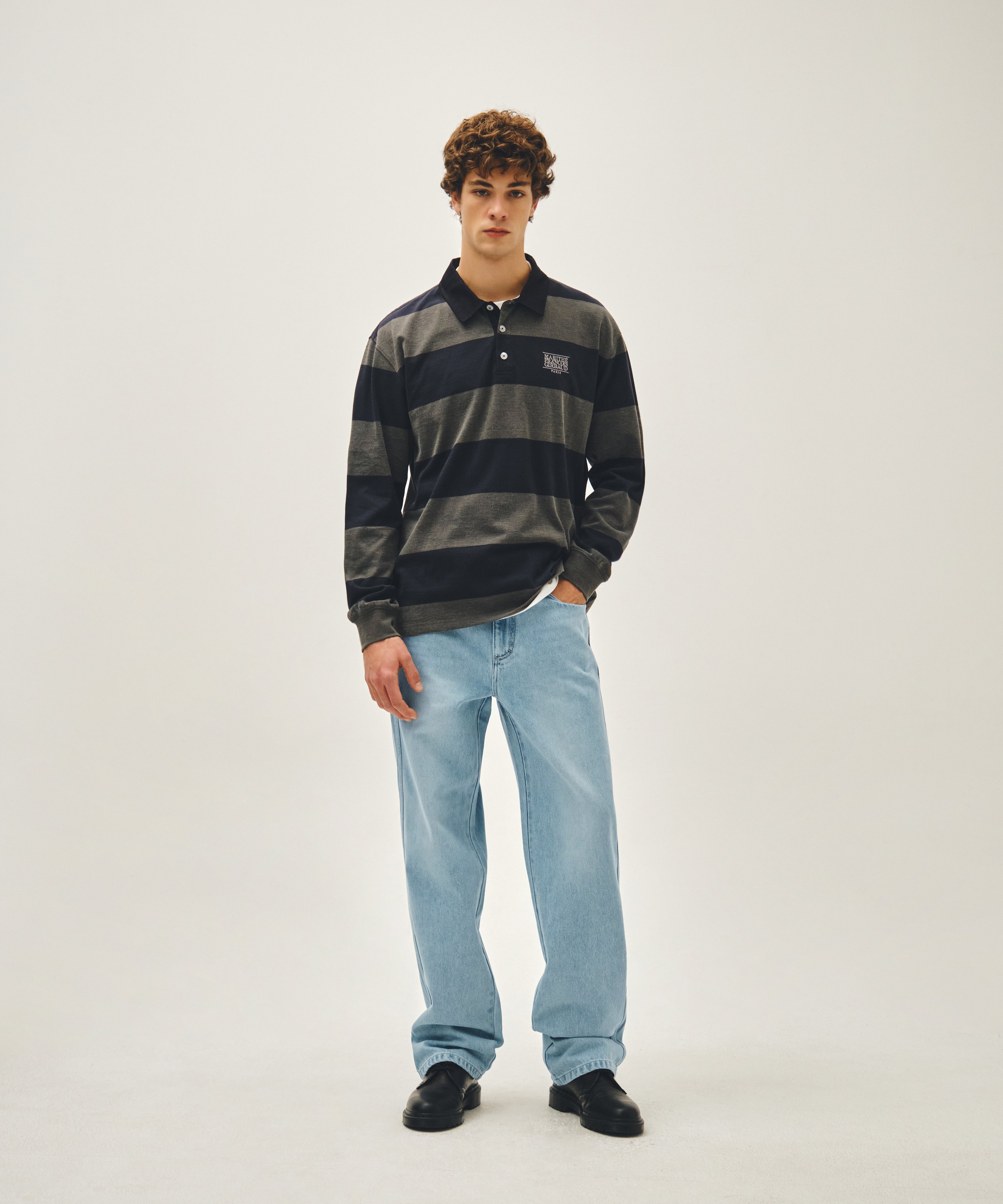 WASHED DENIM COLLAR LONG SLEEVE TEE