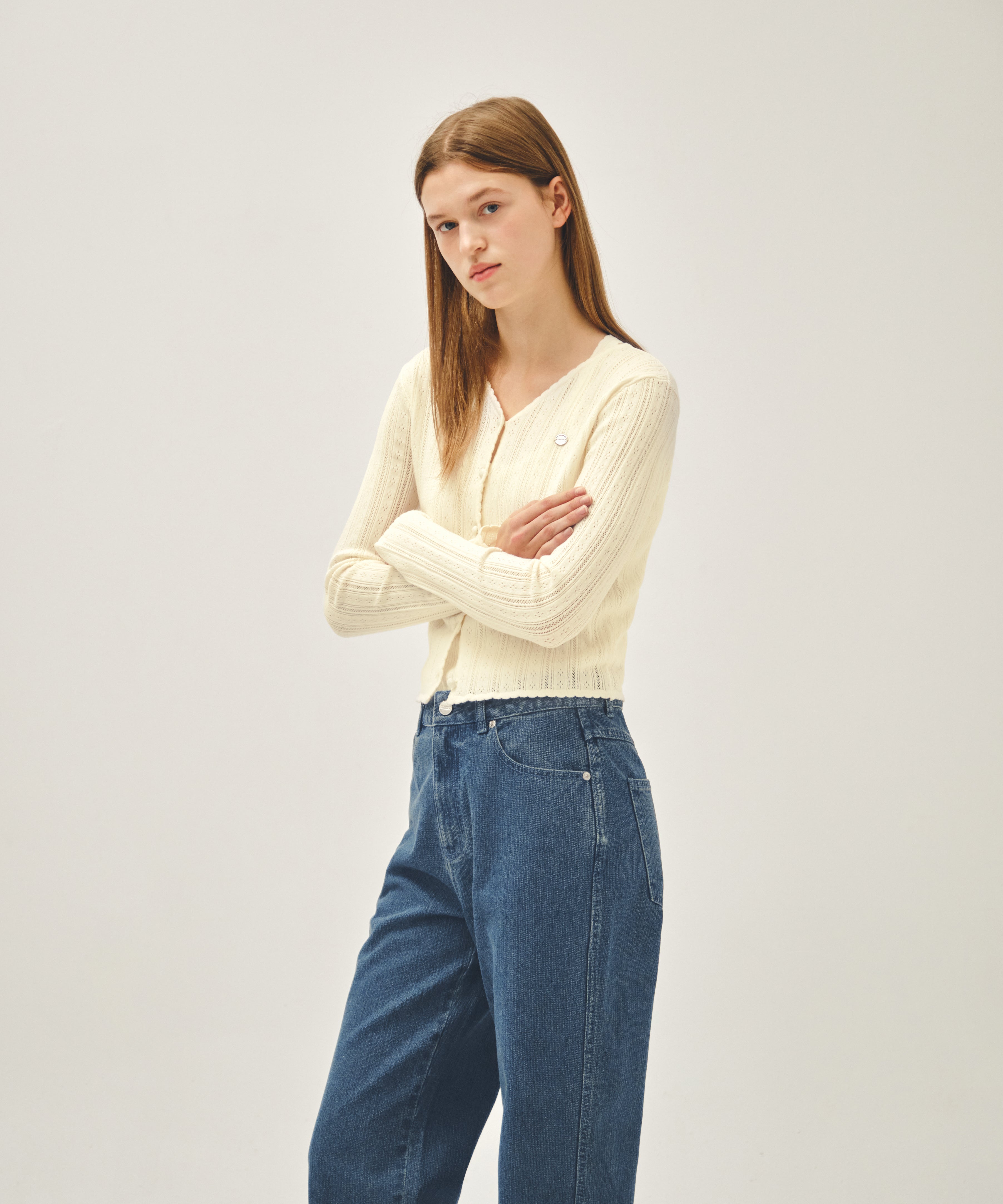 W V-NECK CROCHET KNIT CARDIGAN