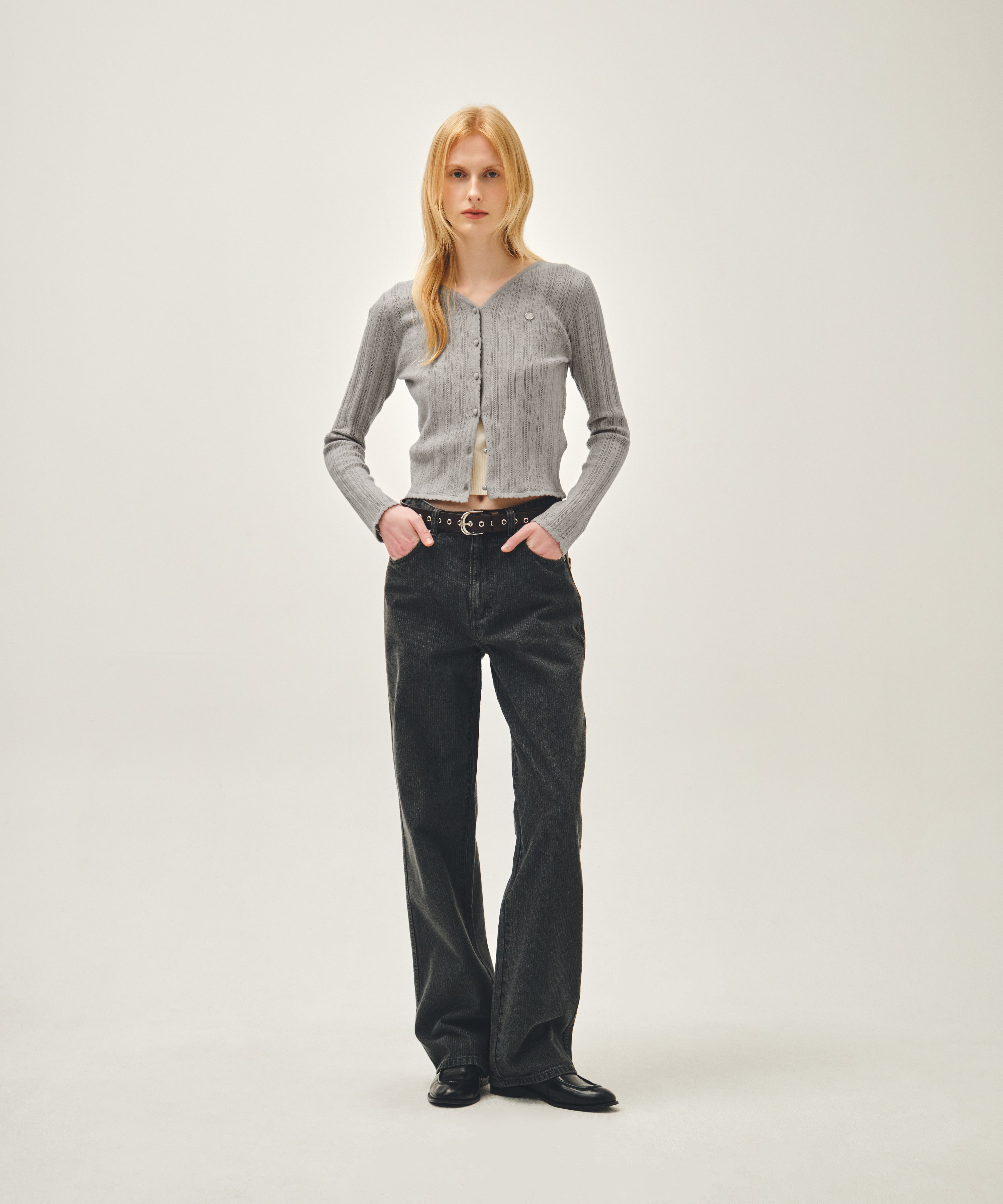 W V-NECK CROCHET KNIT CARDIGAN