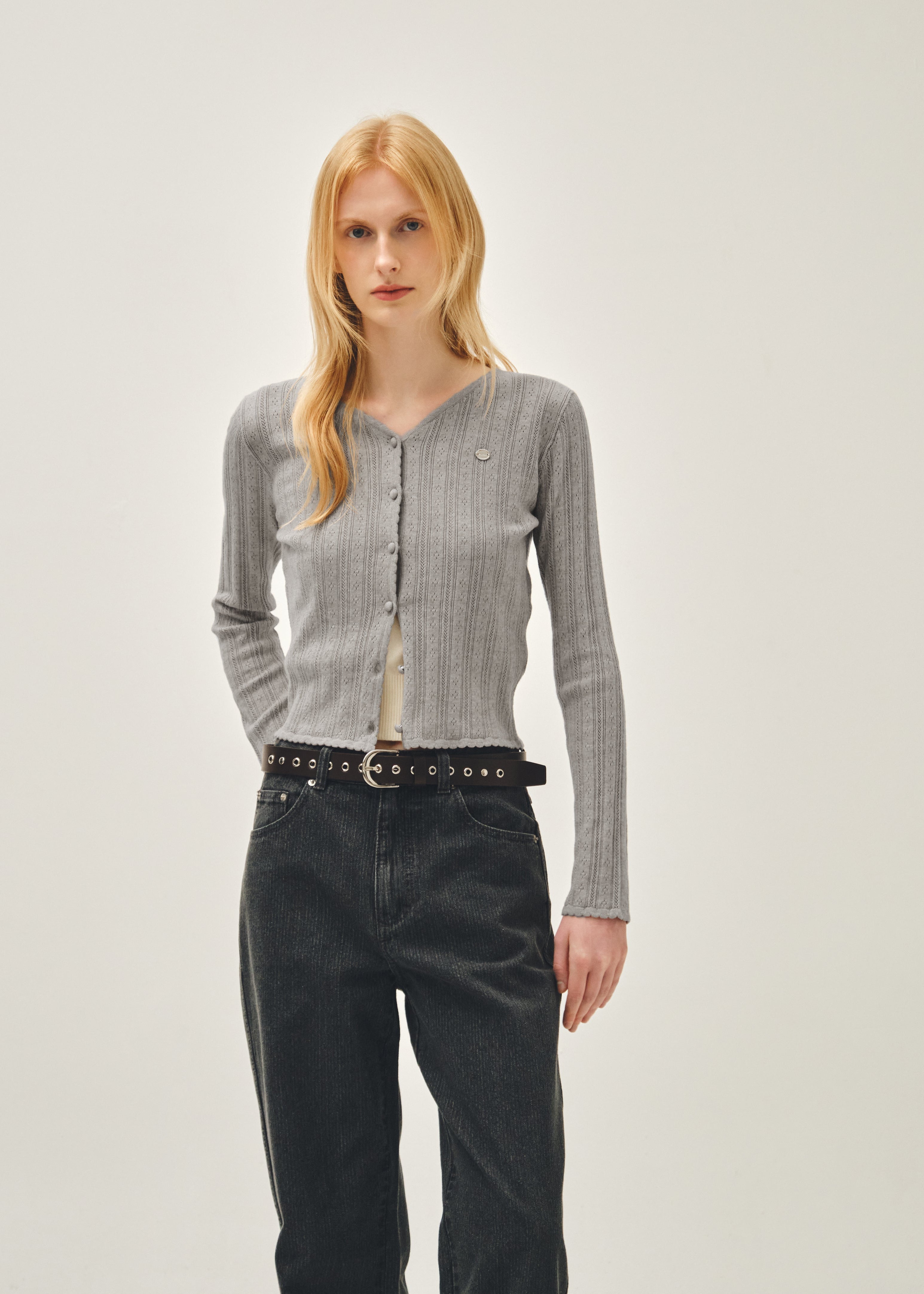 W V-NECK CROCHET KNIT CARDIGAN