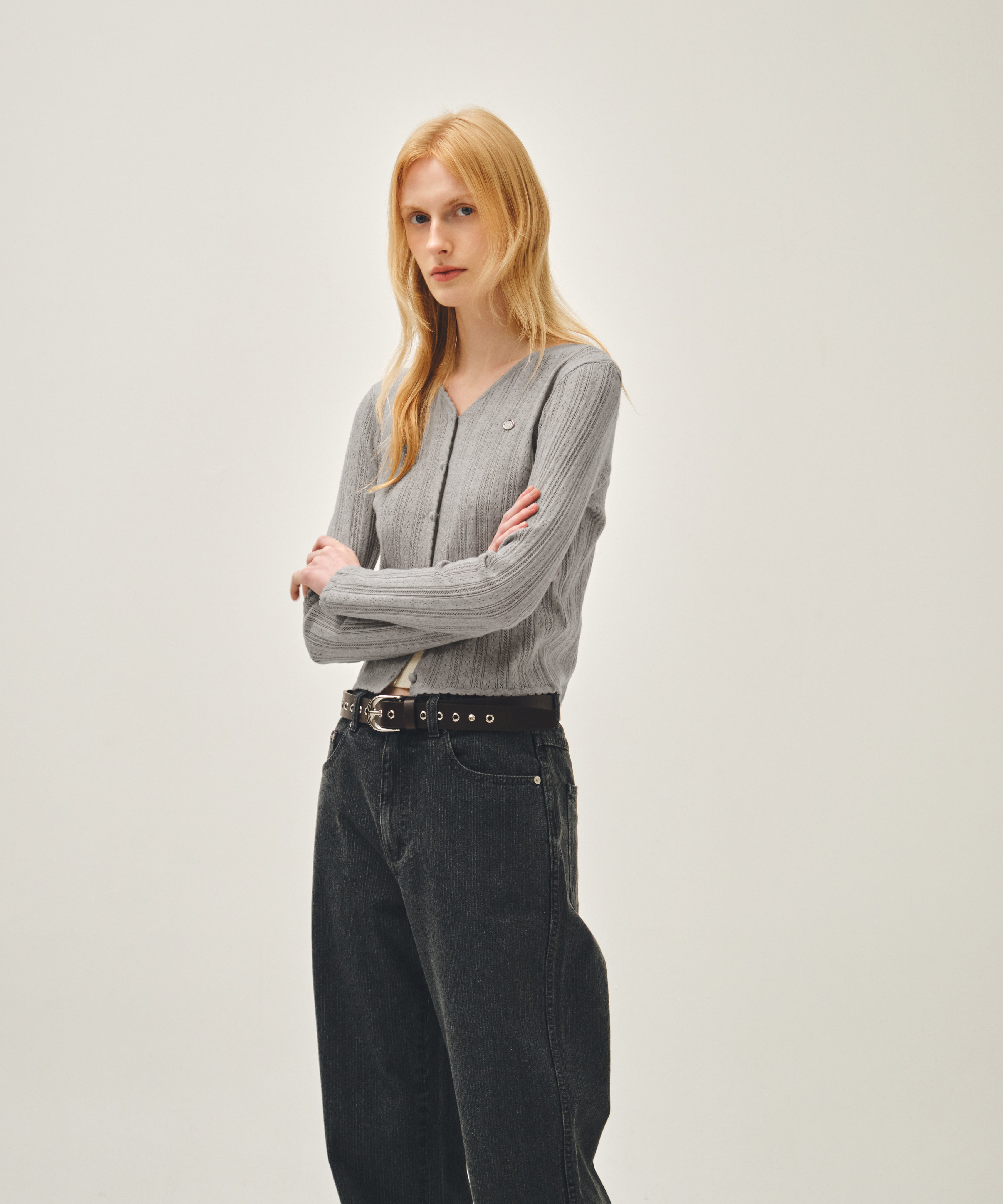 W V-NECK CROCHET KNIT CARDIGAN