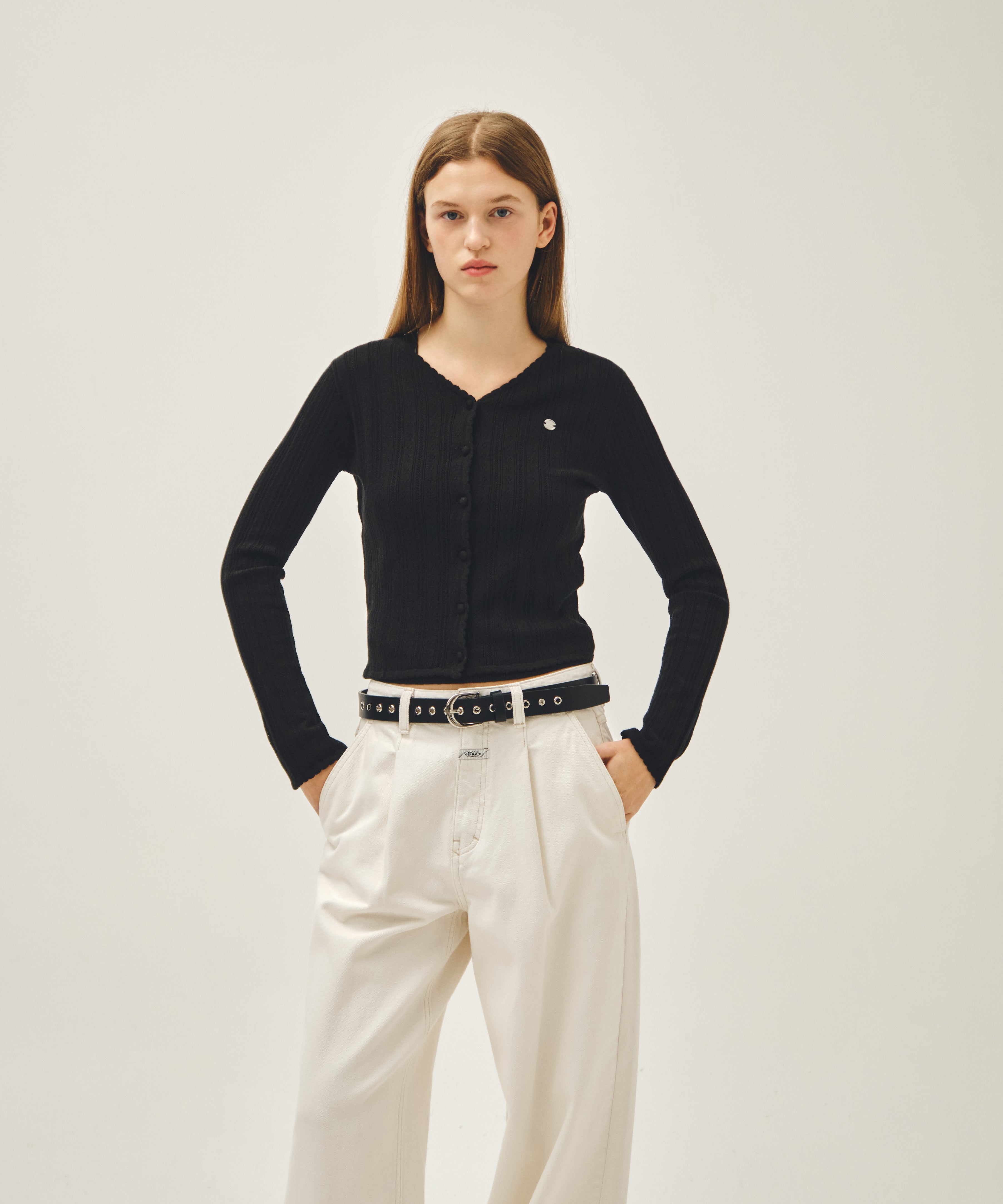 W V-NECK CROCHET KNIT CARDIGAN