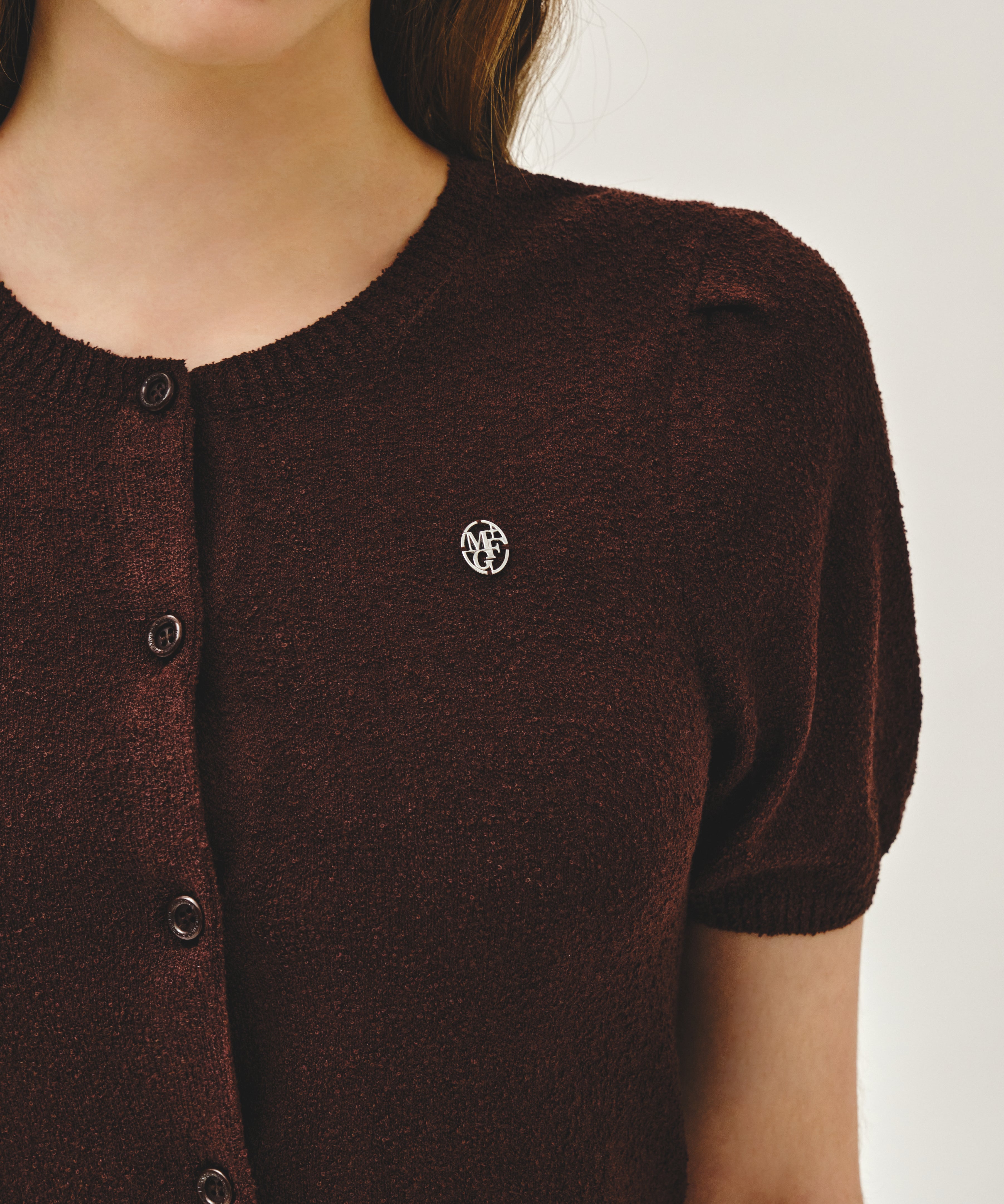 W PUFF SLEEVE HALF KNIT CARDIGAN