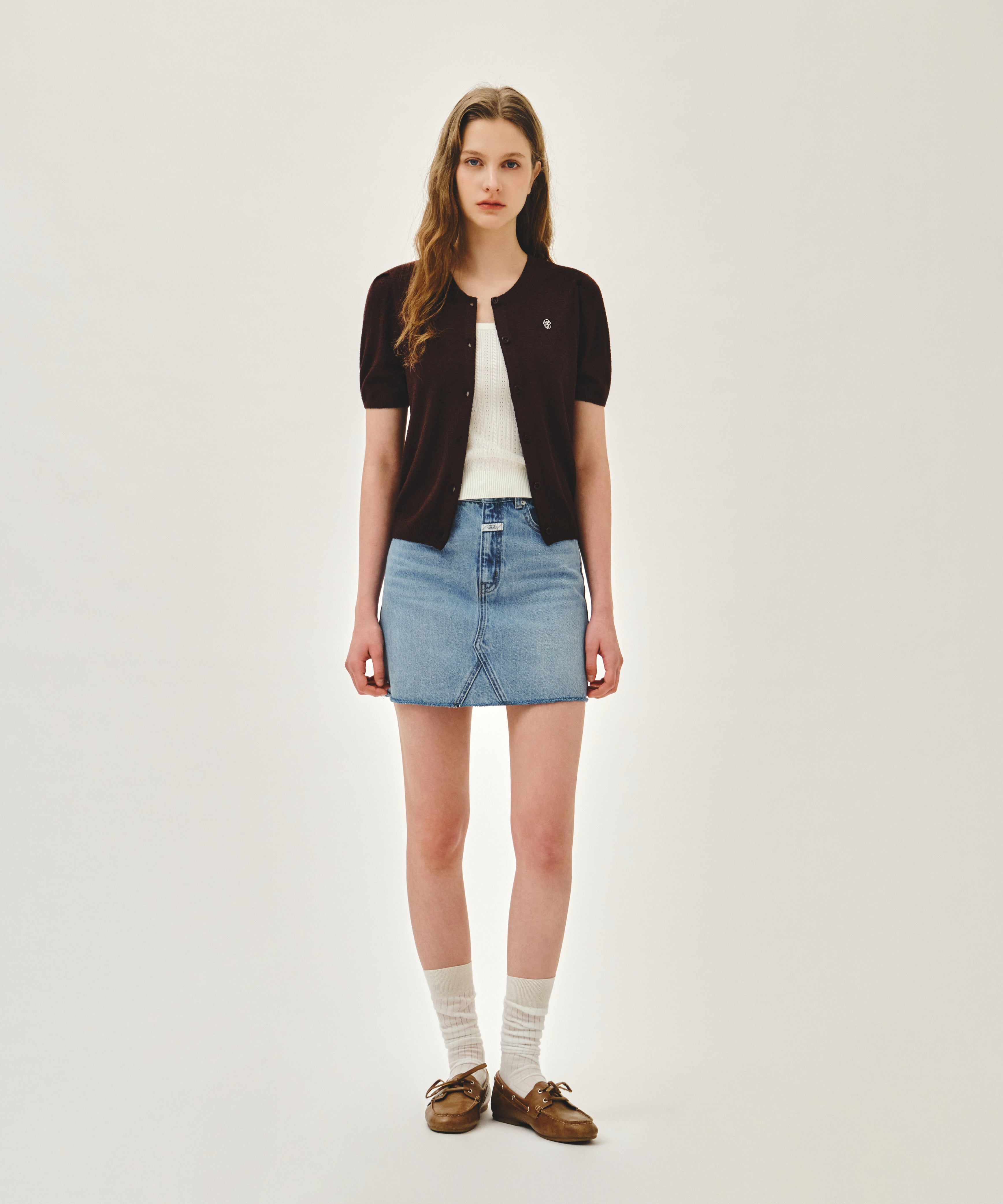 W PUFF SLEEVE HALF KNIT CARDIGAN