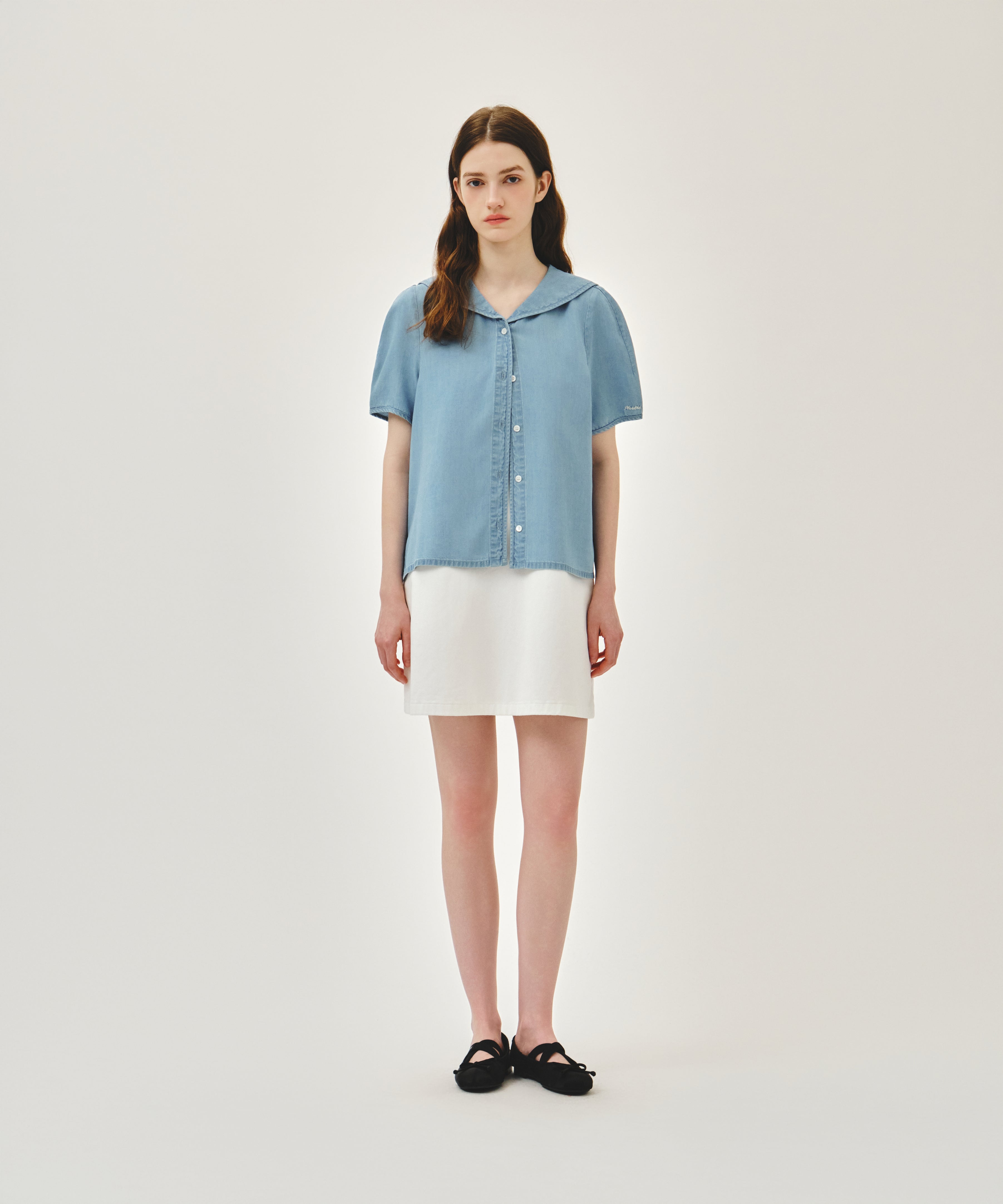 W SAILOR COLLAR SHORT SLEEVE CHAMBRAY SHIRT