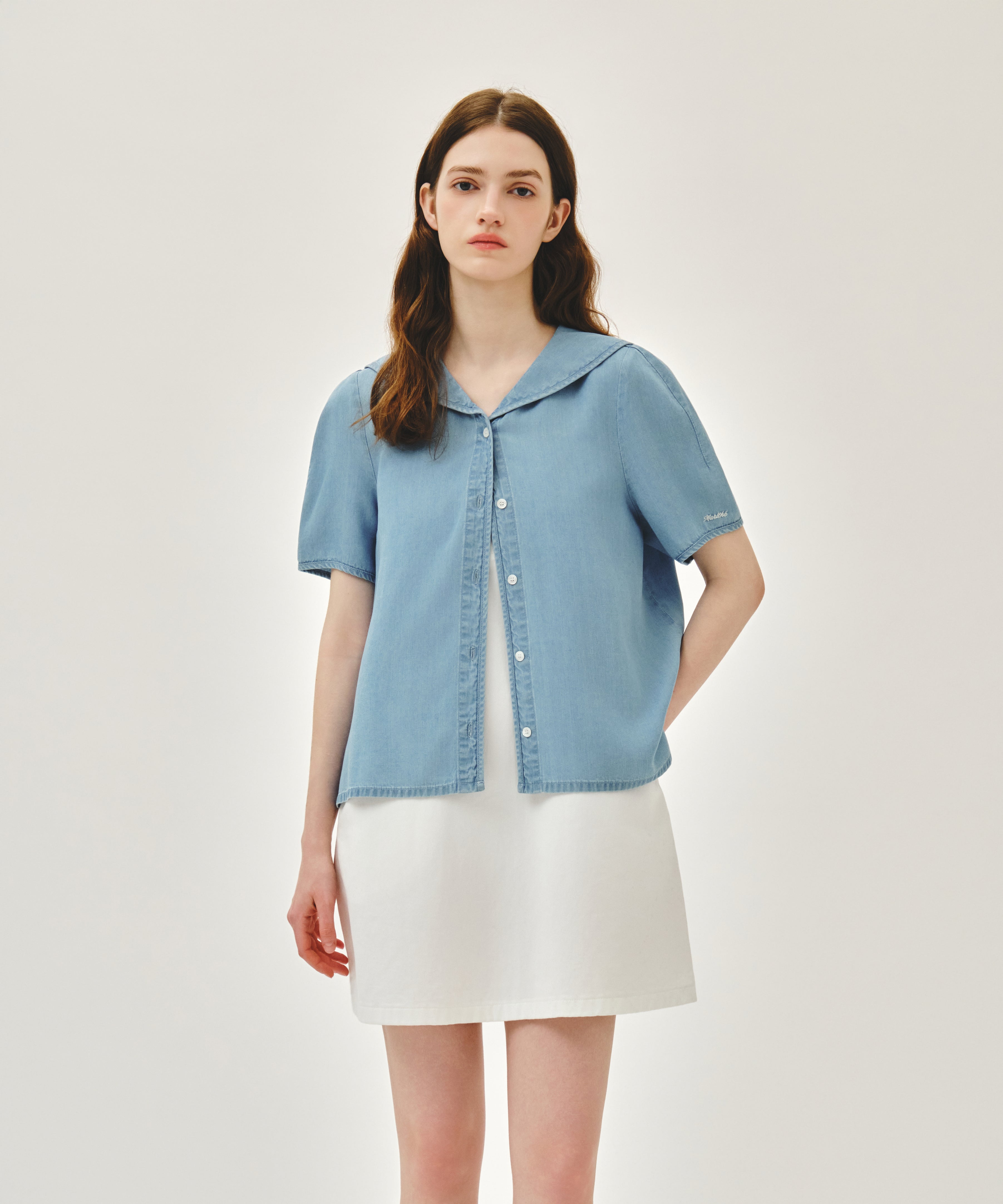 W SAILOR COLLAR SHORT SLEEVE CHAMBRAY SHIRT