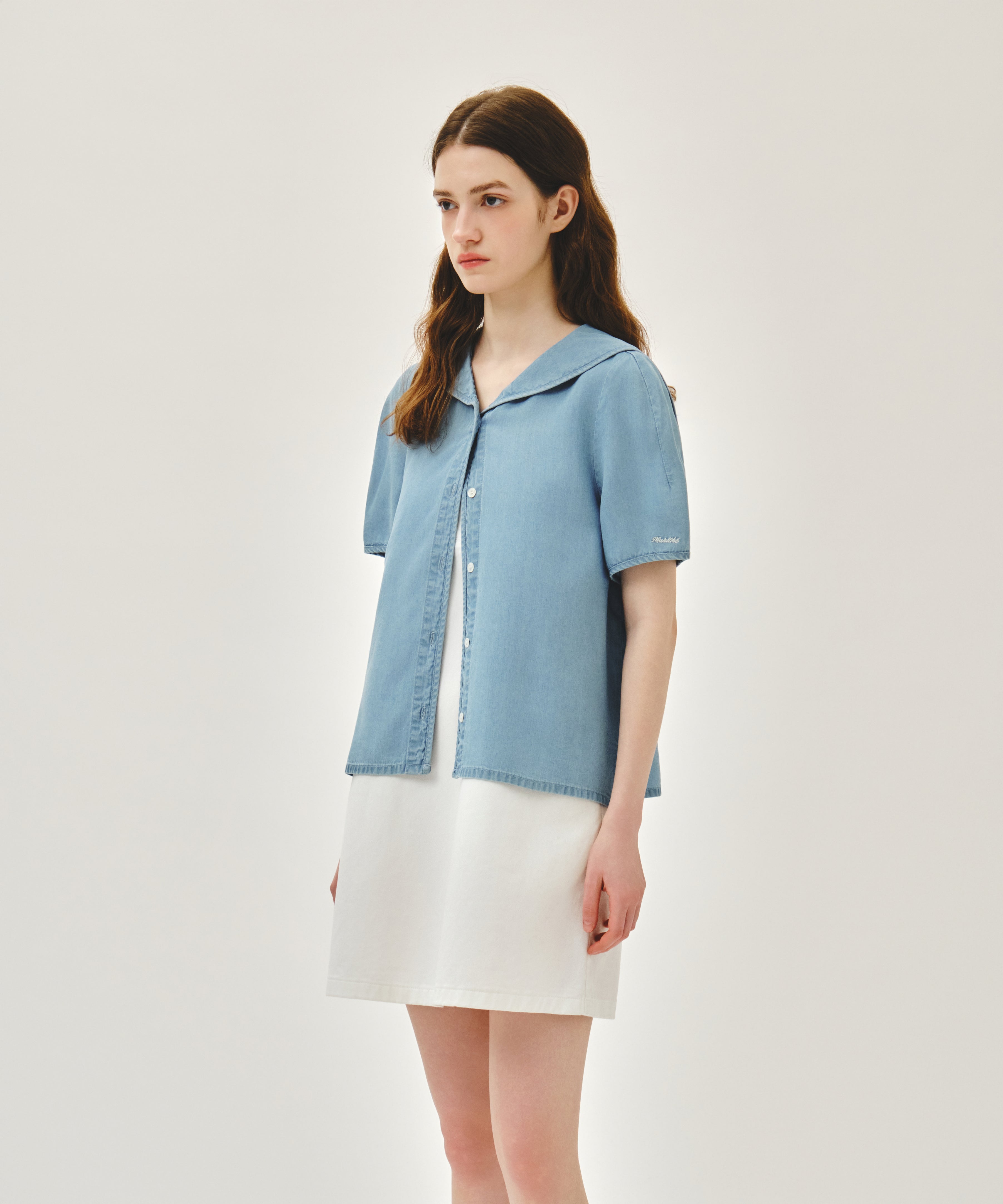 W SAILOR COLLAR SHORT SLEEVE CHAMBRAY SHIRT