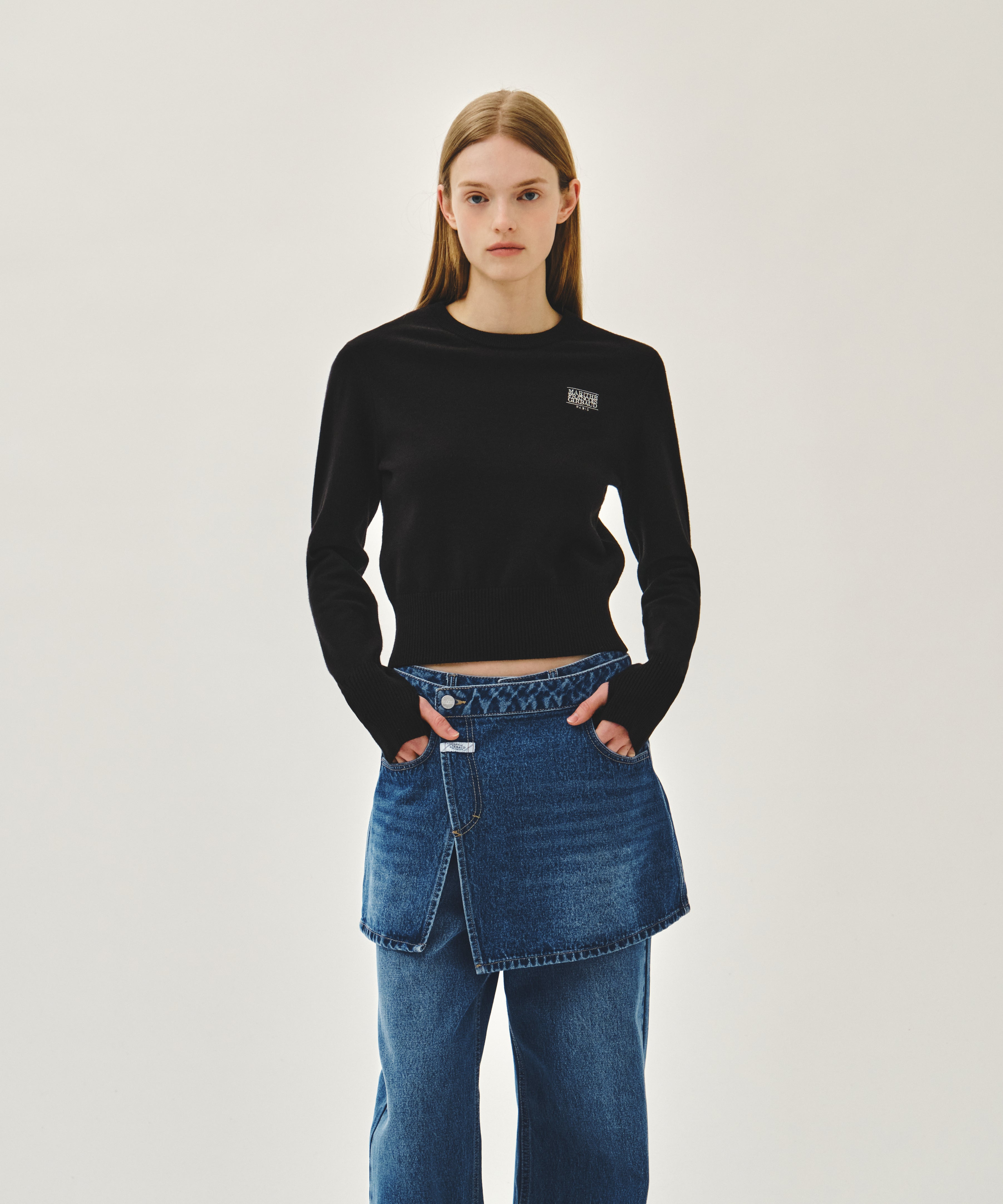 W LAYERED SKIRT DENIM PANTS