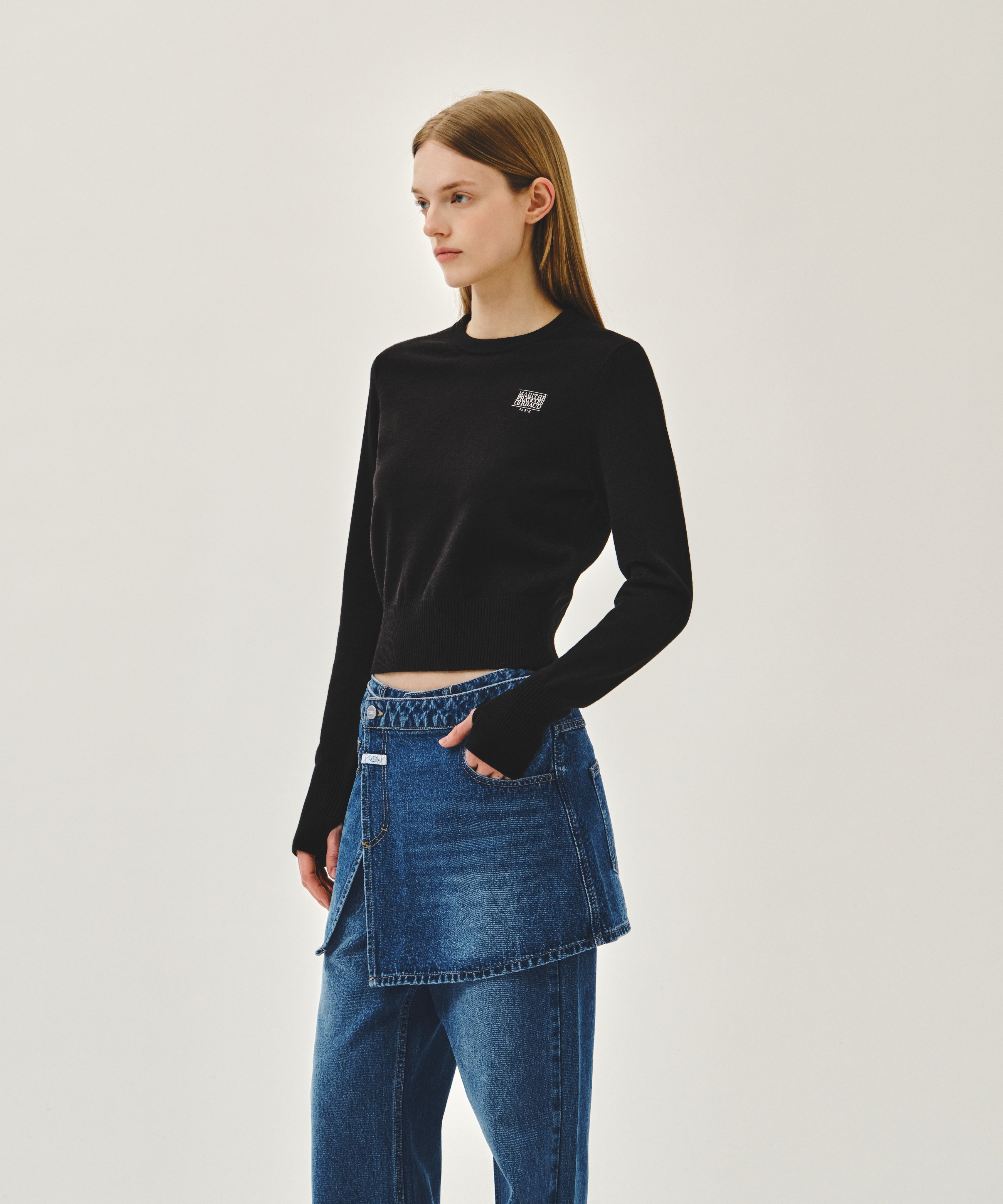 W LAYERED SKIRT DENIM PANTS