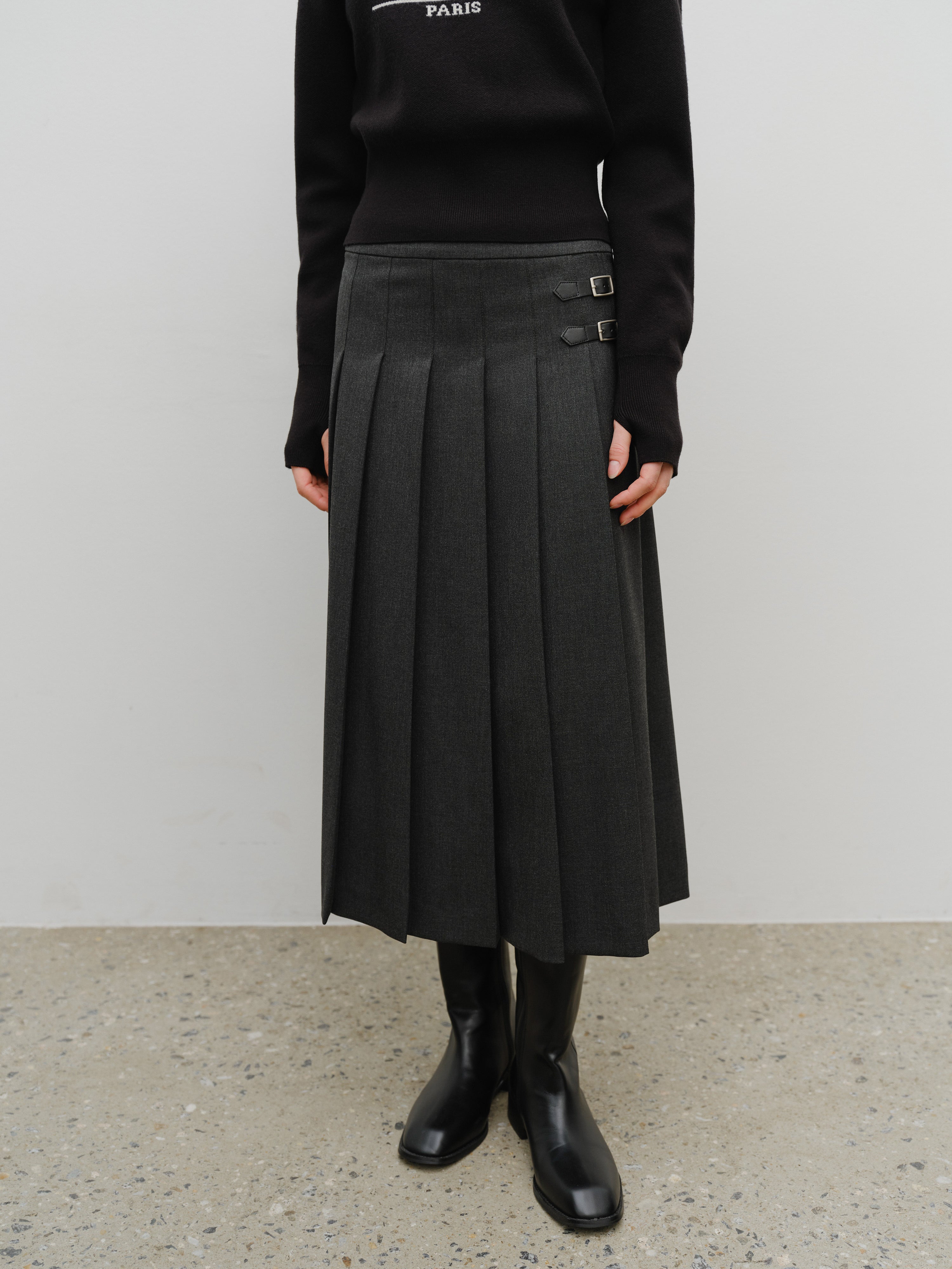 W BELTS PLEATED MIDI SKIRT