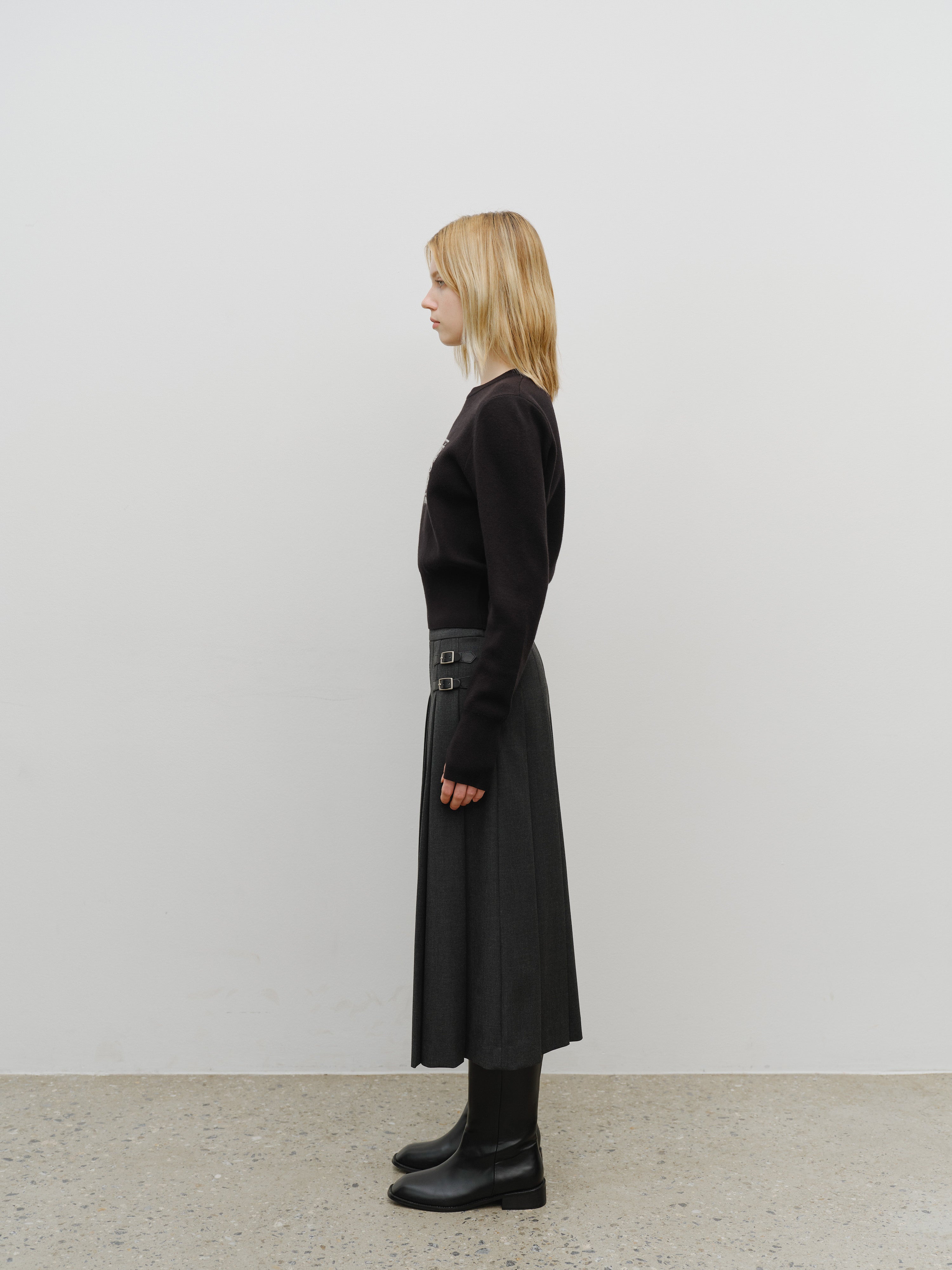 W BELTS PLEATED MIDI SKIRT