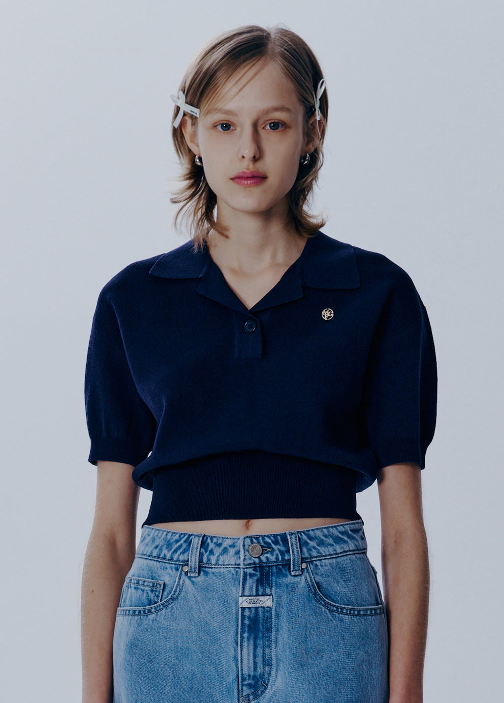 W OPEN COLLAR CROP HALF KNIT