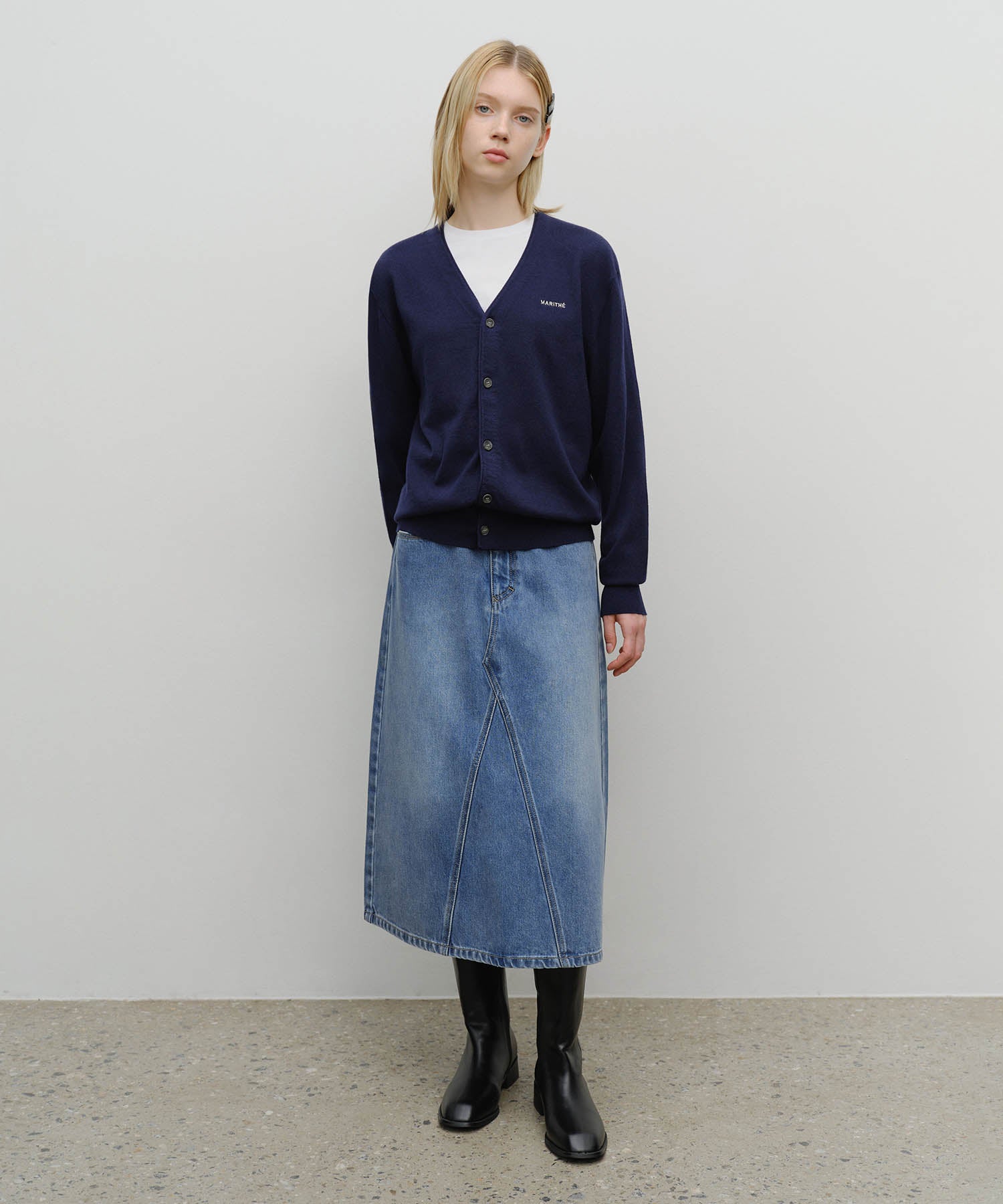 W A-LINE DENIM MIDI SKIRT