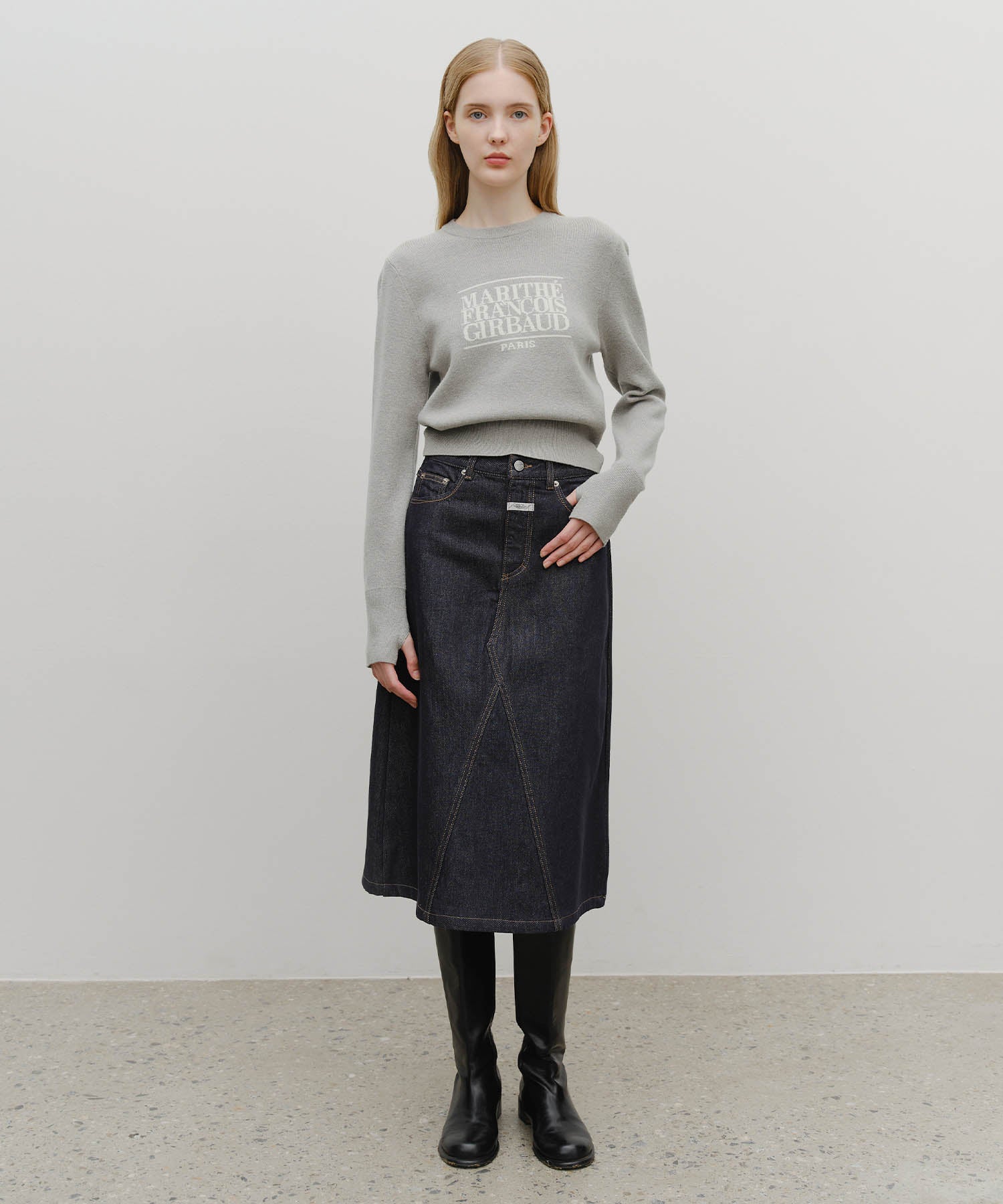 W A-LINE DENIM MIDI SKIRT