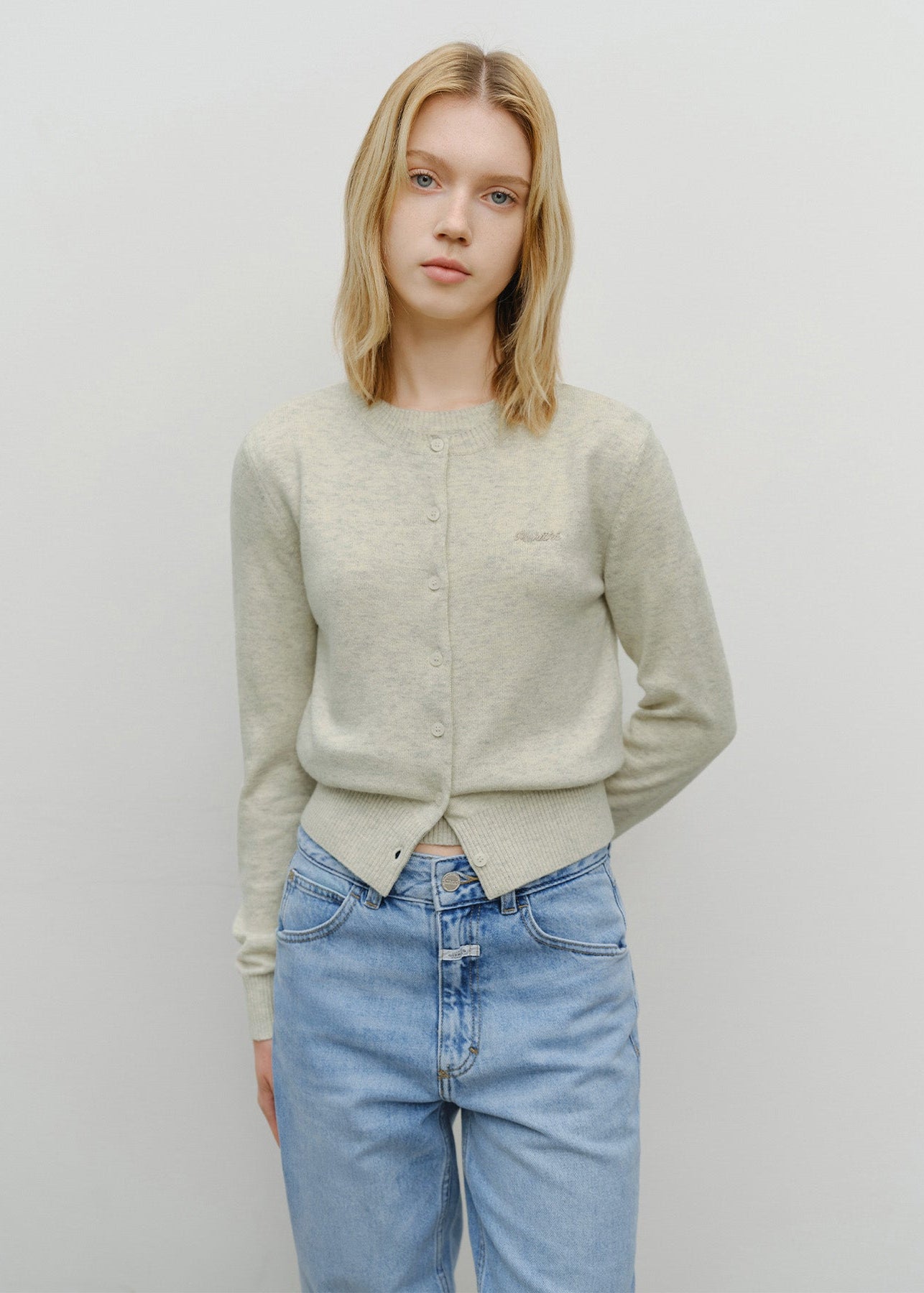 W HALF KNIT ROUND NECK CARDIGAN SET UP