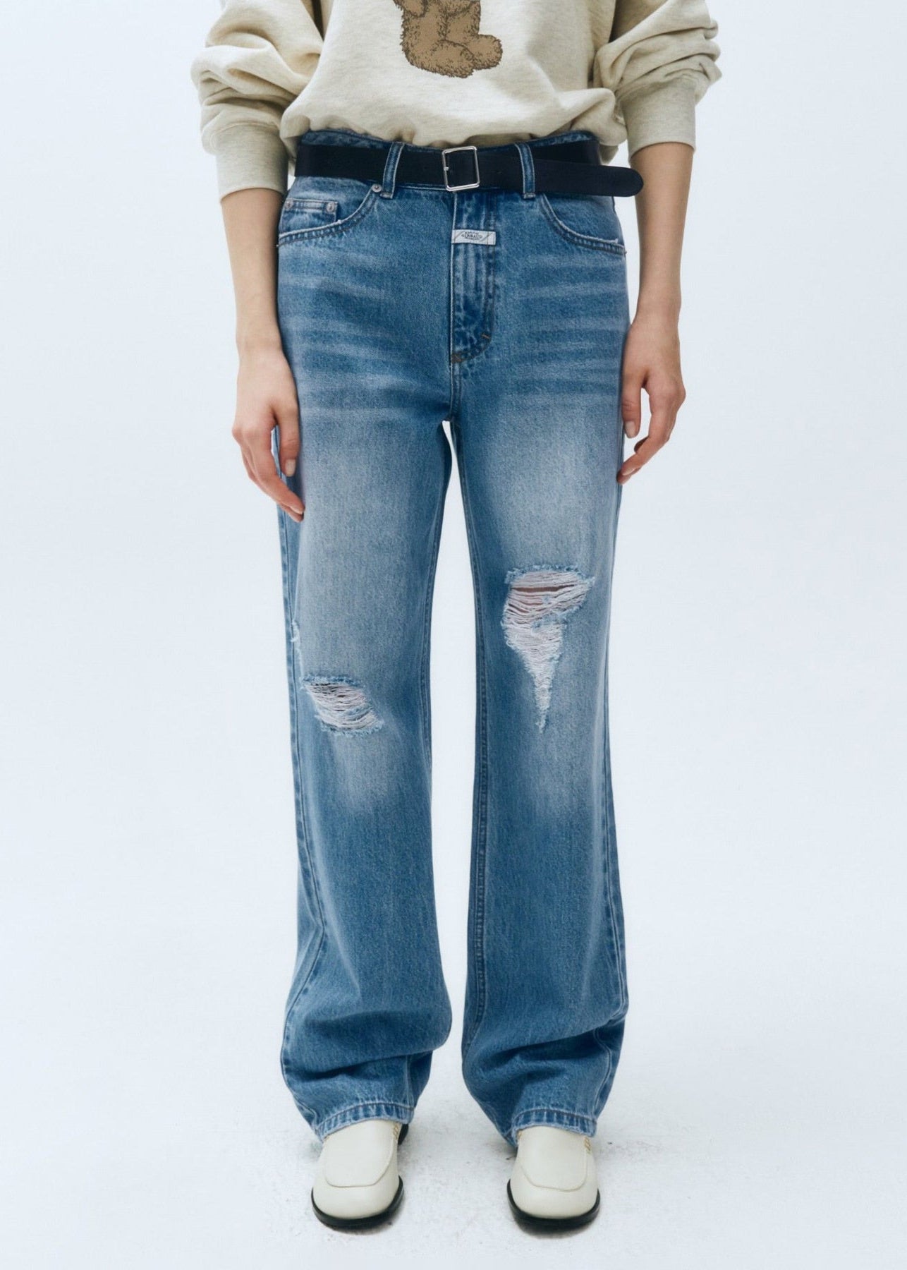 W DAMAGED WASHED DENIM PANTS