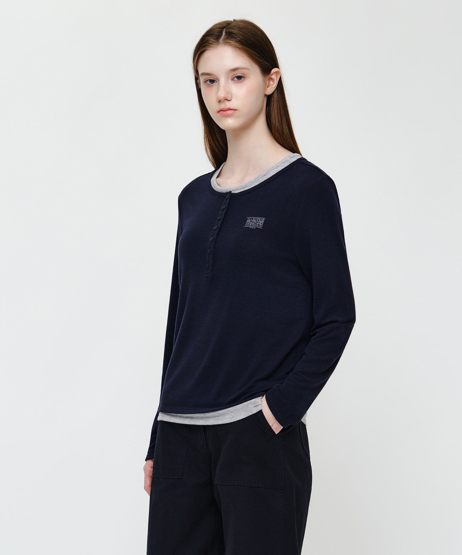 W HENLEY NECK LAYERED LONG SLEEVE TEE