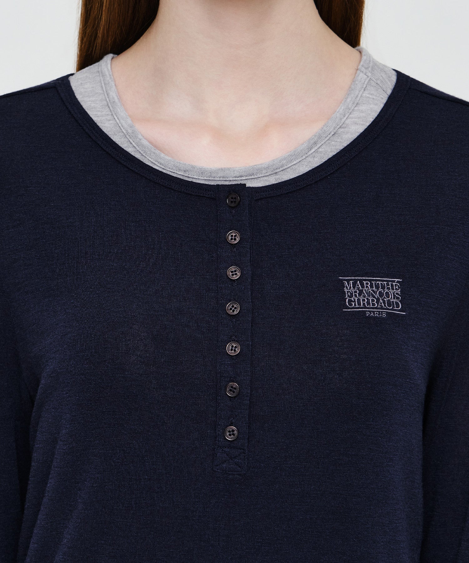 W HENLEY NECK LAYERED LONG SLEEVE TEE