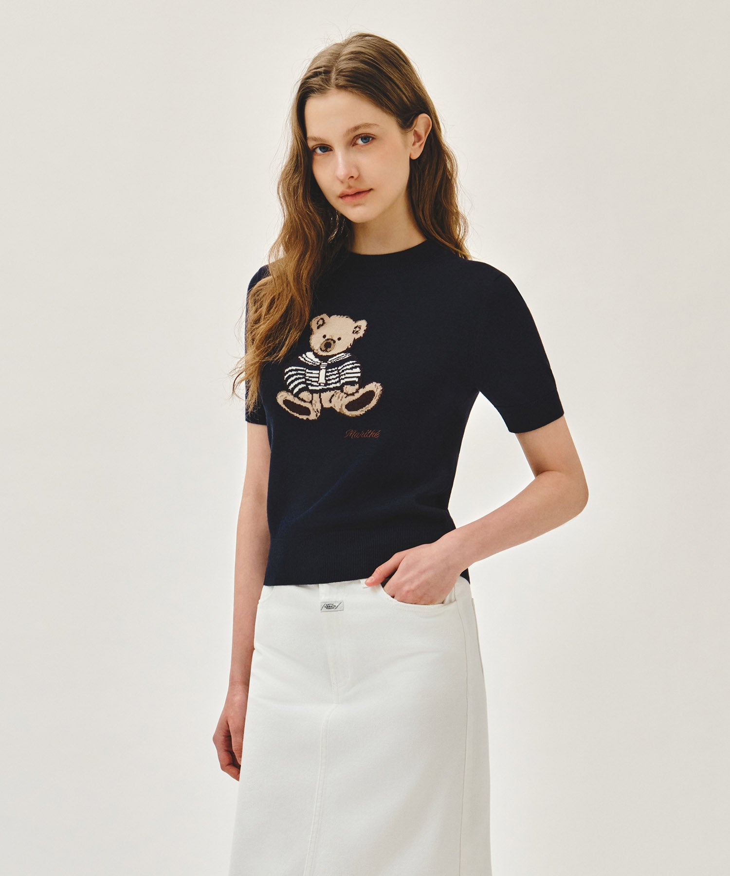 W DOODLE BEAR HALF KNIT PULLOVER