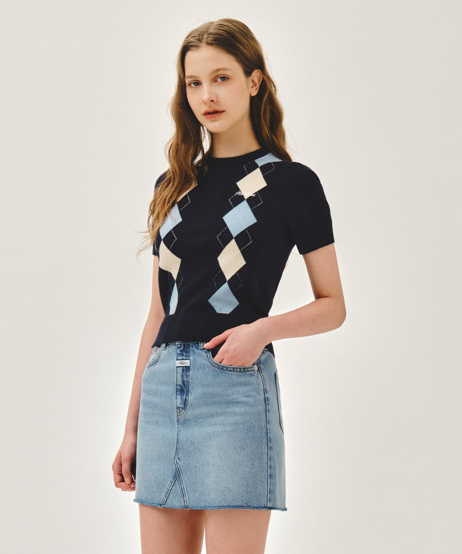 W ARGYLE CABLE HALF KNIT PULLOVER