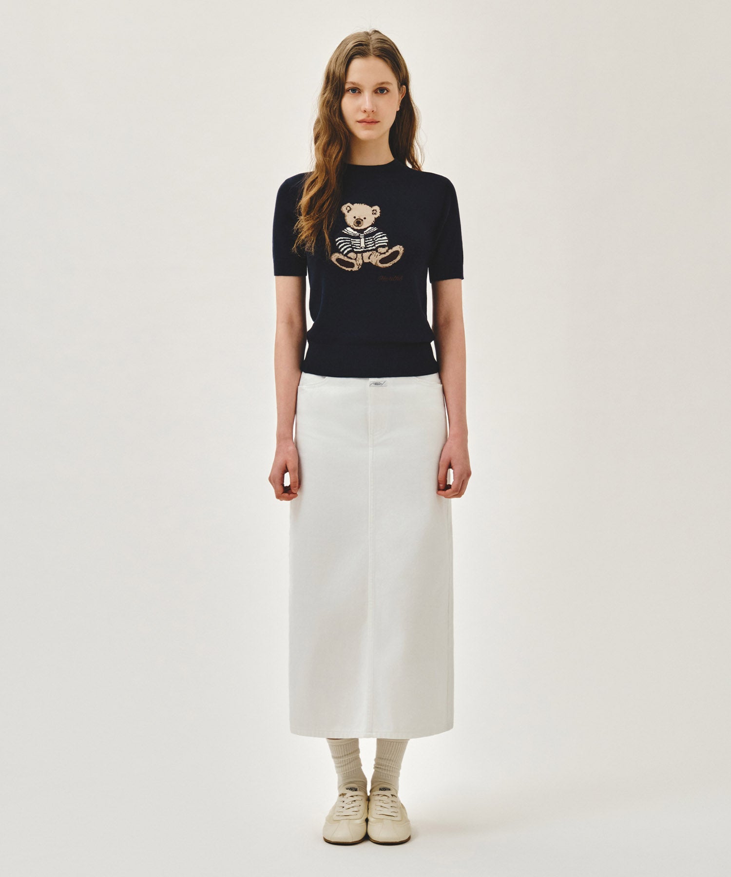 W DOODLE BEAR HALF KNIT PULLOVER