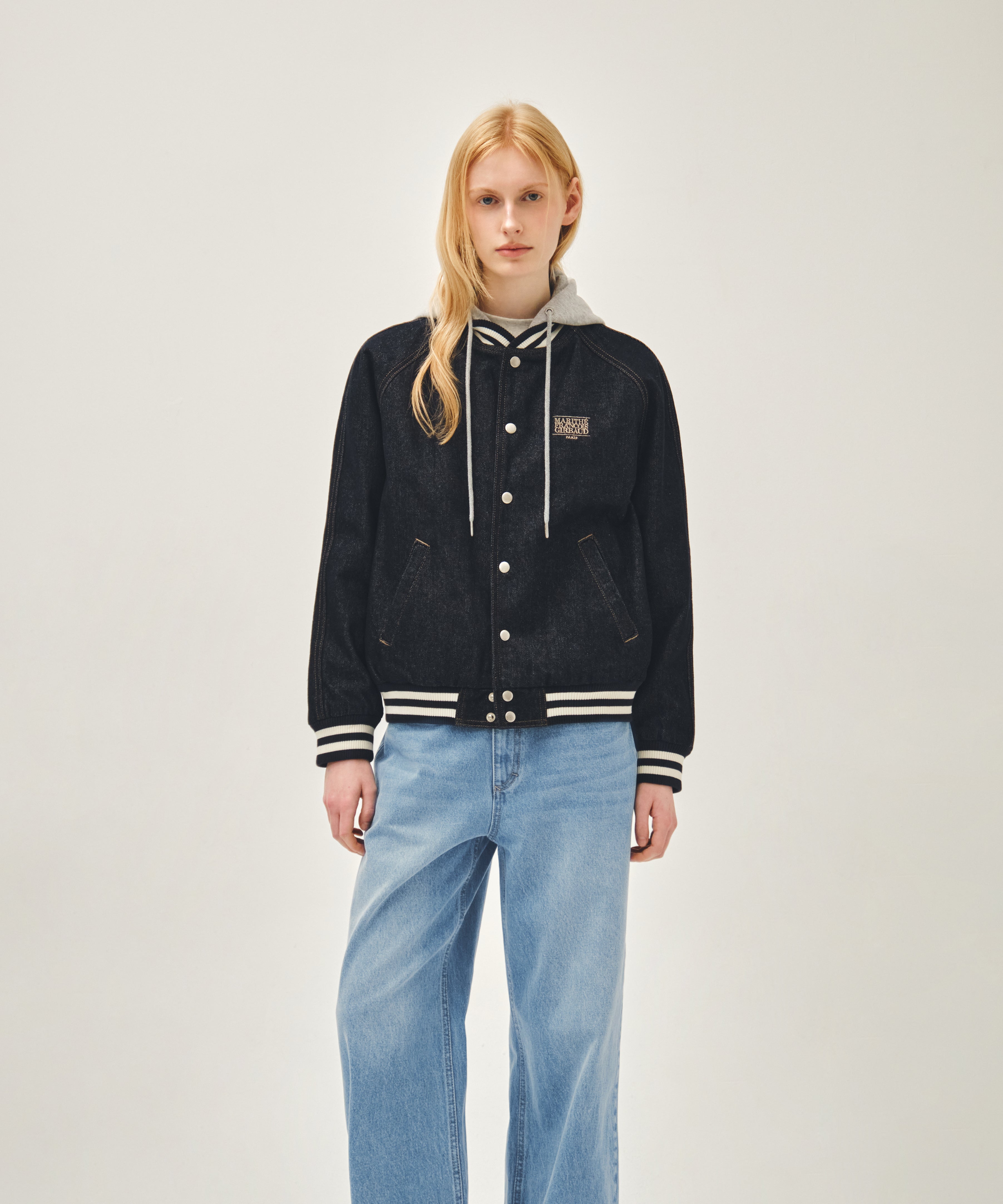 CLASSIC LOGO RAGLAN DENIM VARSITY JACKET