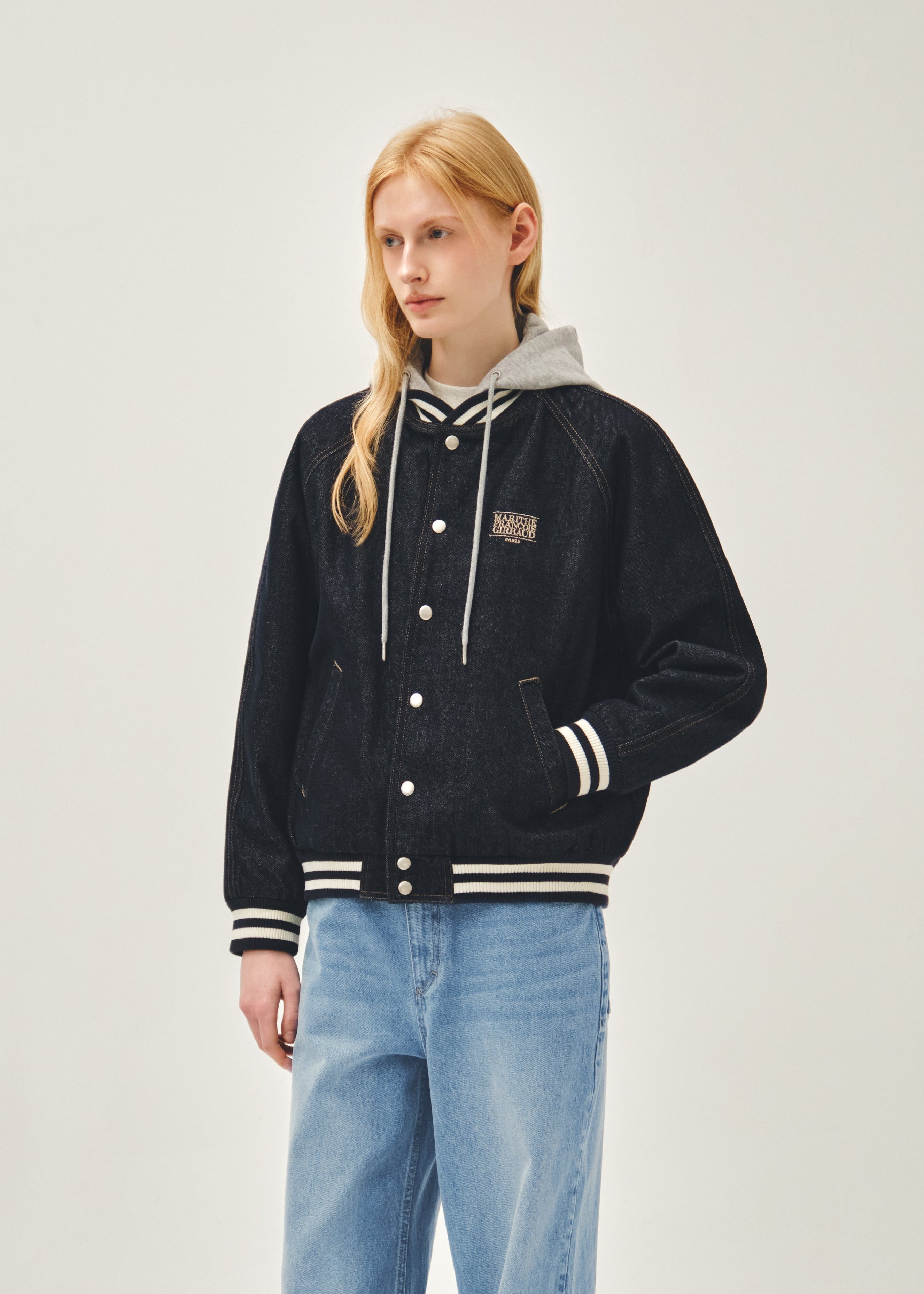 CLASSIC LOGO RAGLAN DENIM VARSITY JACKET