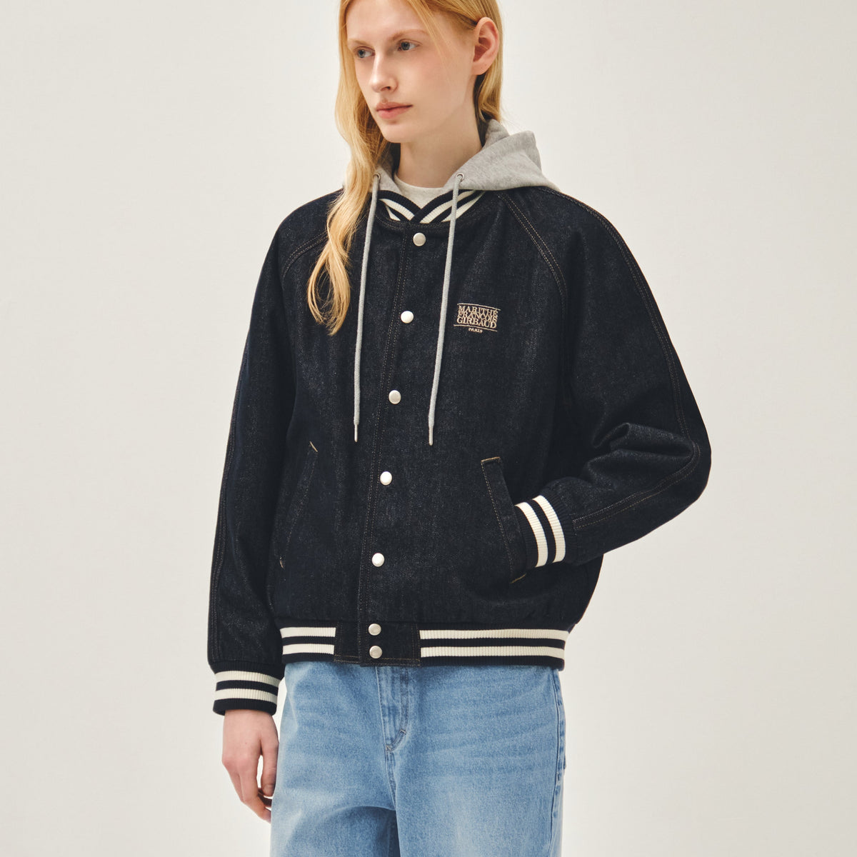 CLASSIC LOGO RAGLAN DENIM VARSITY JACKET