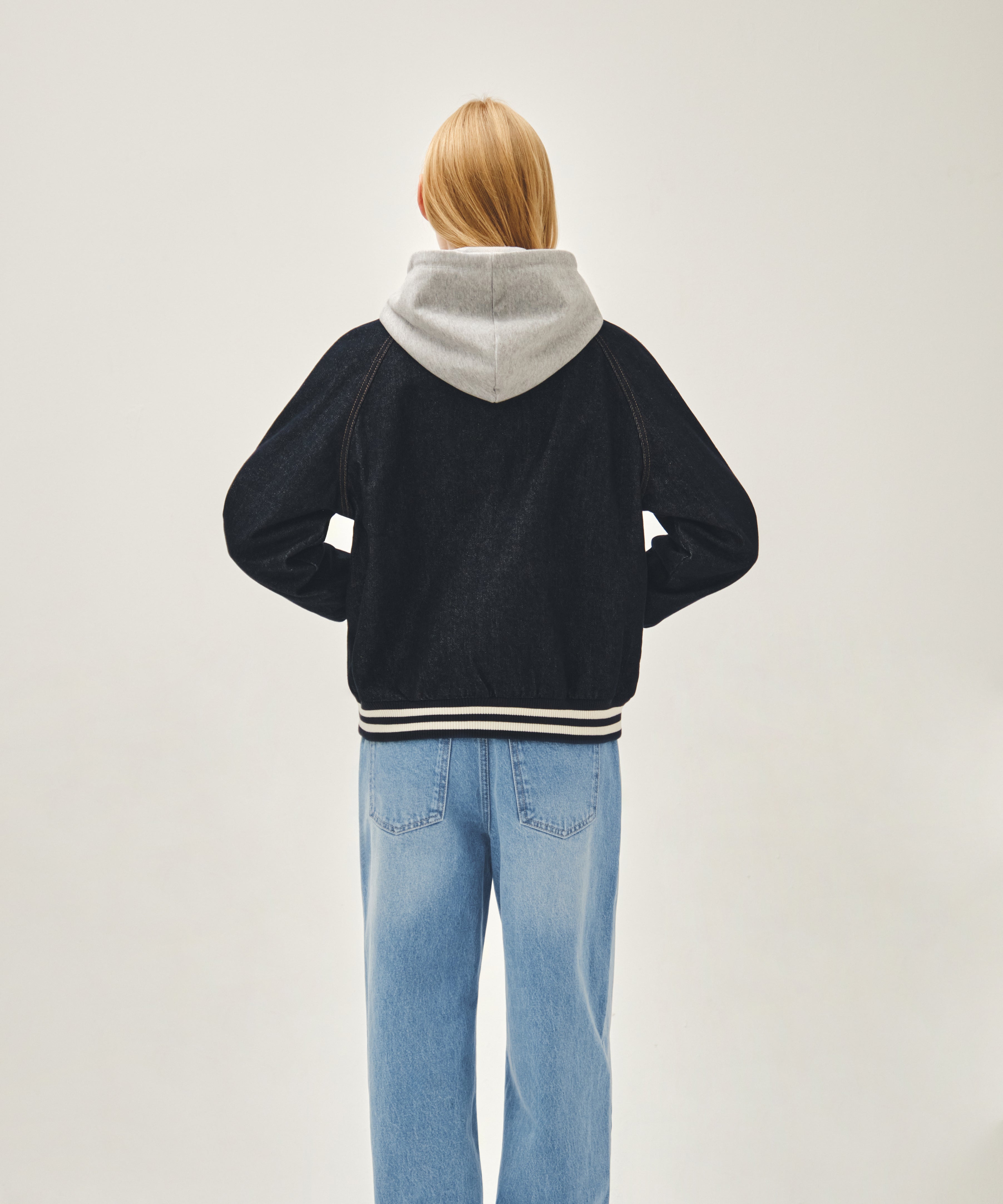 CLASSIC LOGO RAGLAN DENIM VARSITY JACKET