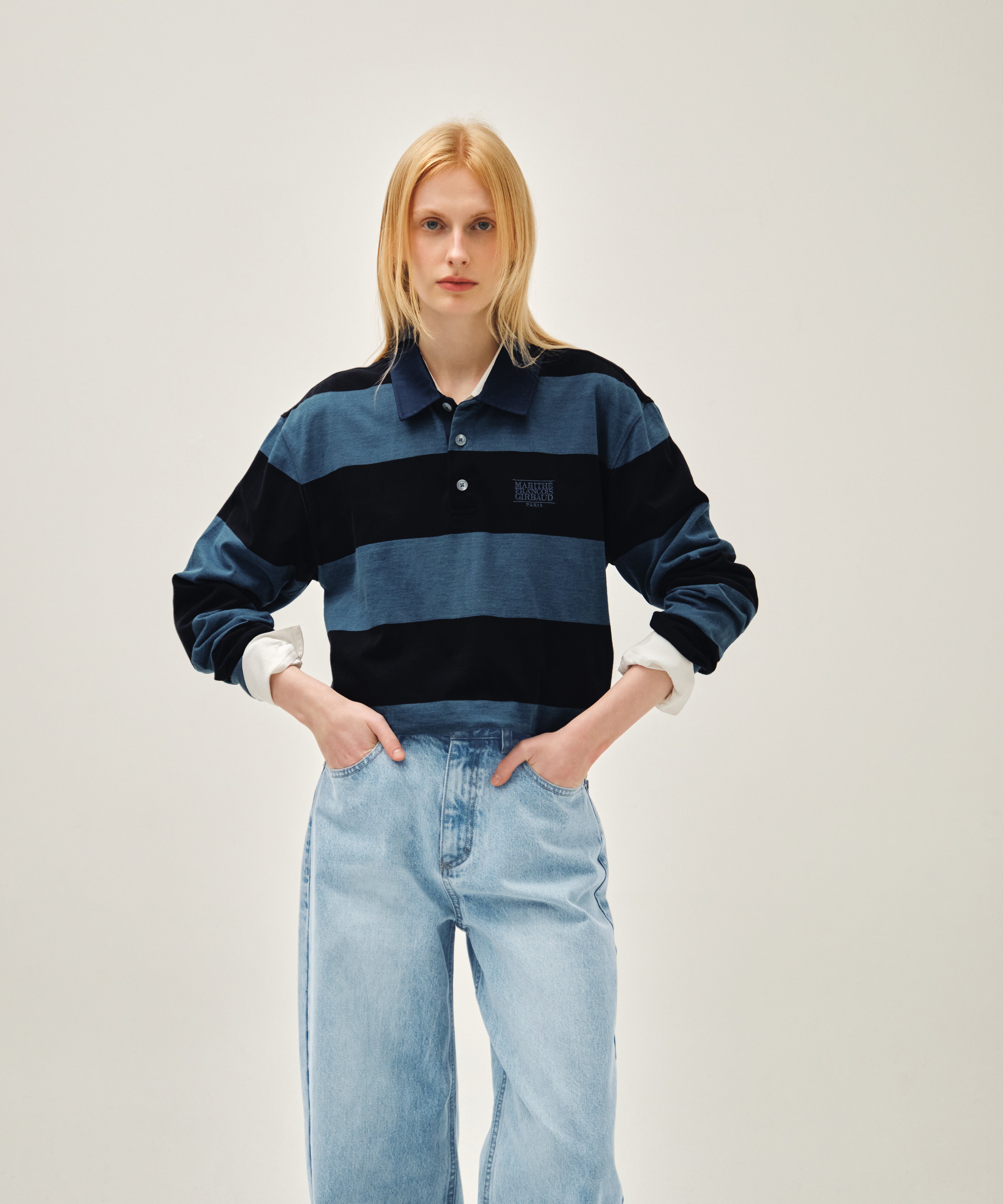 WASHED DENIM COLLAR LONG SLEEVE TEE