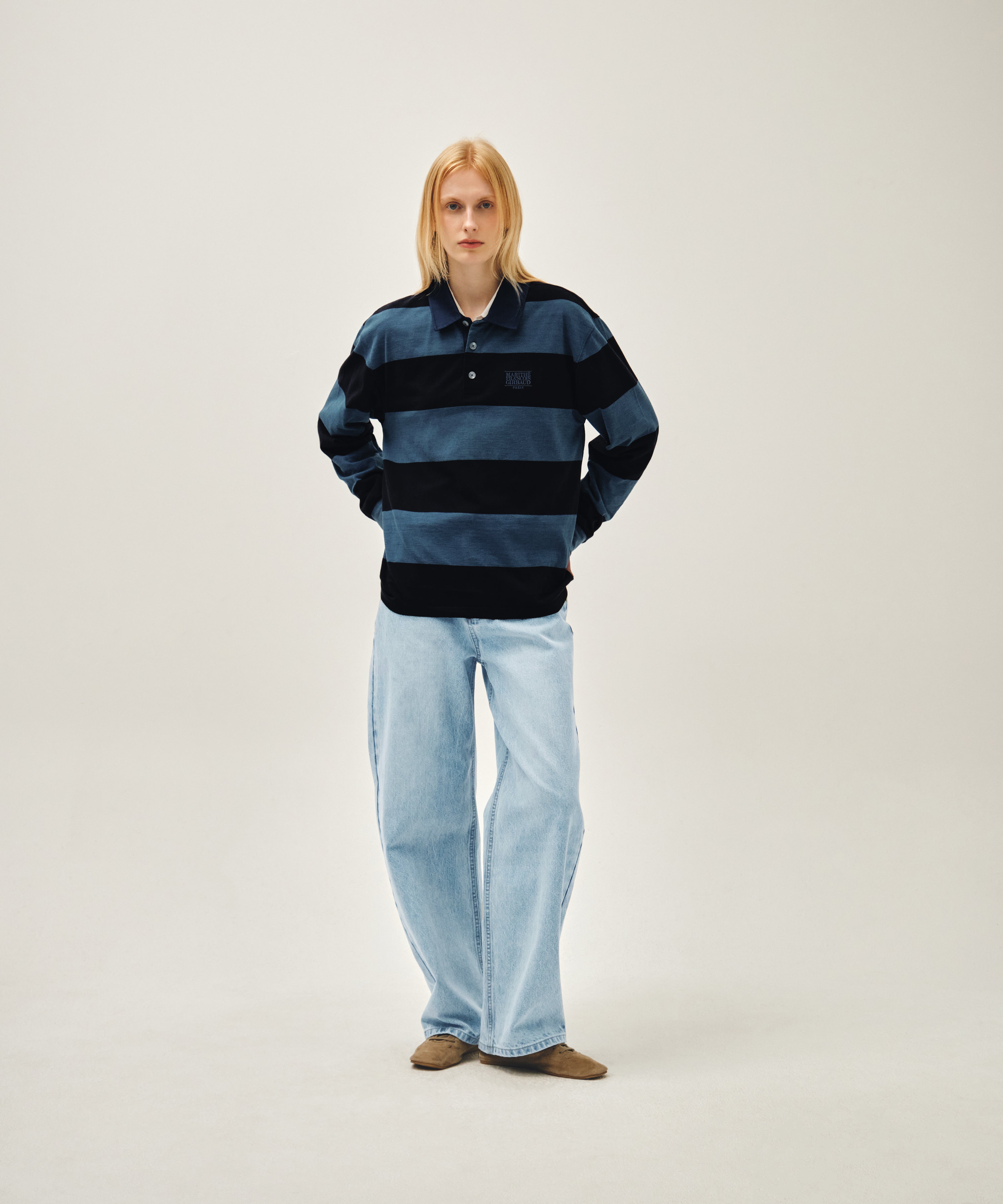 WASHED DENIM COLLAR LONG SLEEVE TEE