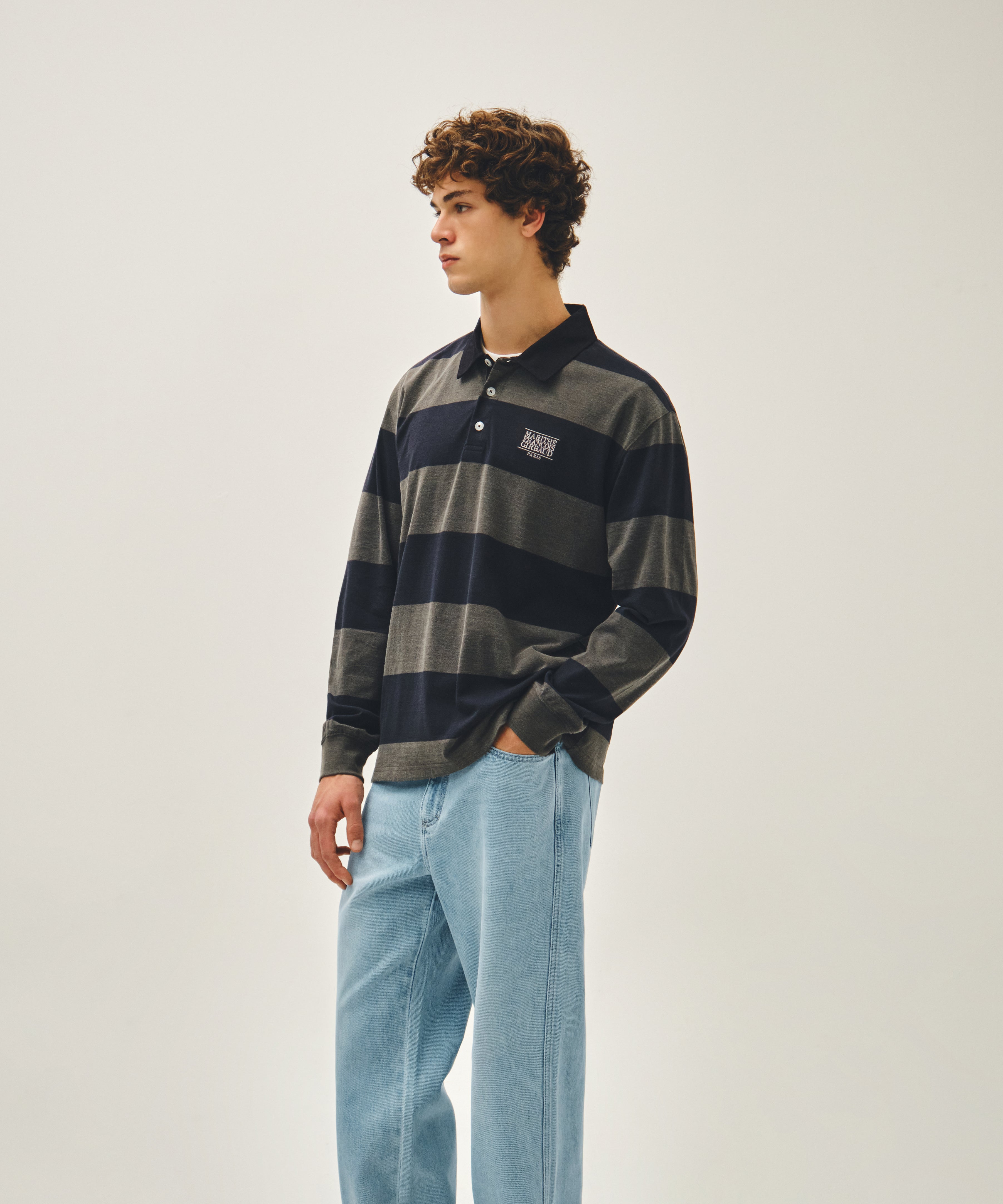 WASHED DENIM COLLAR LONG SLEEVE TEE