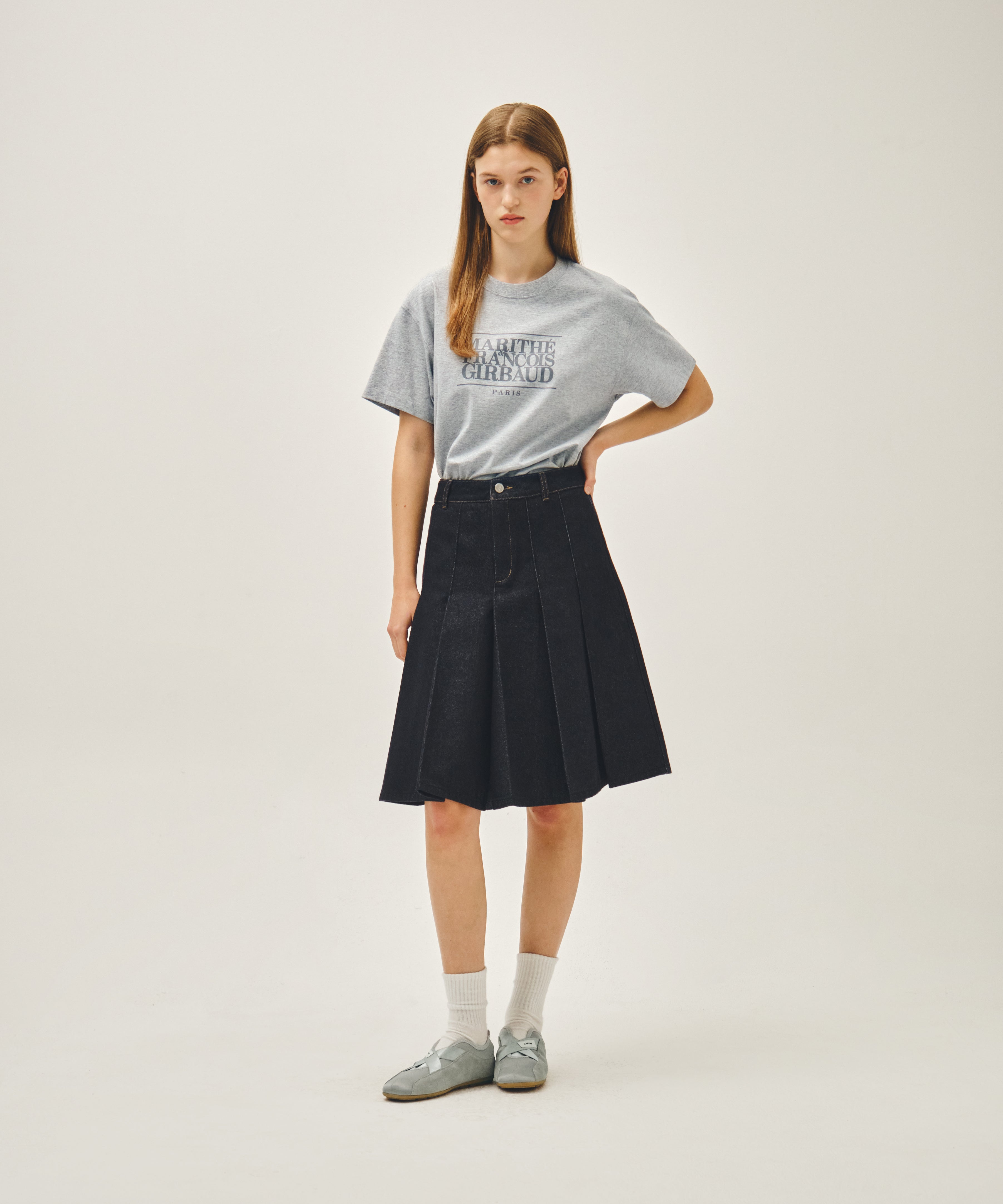 W DENIM PLEATED MIDI SKIRT