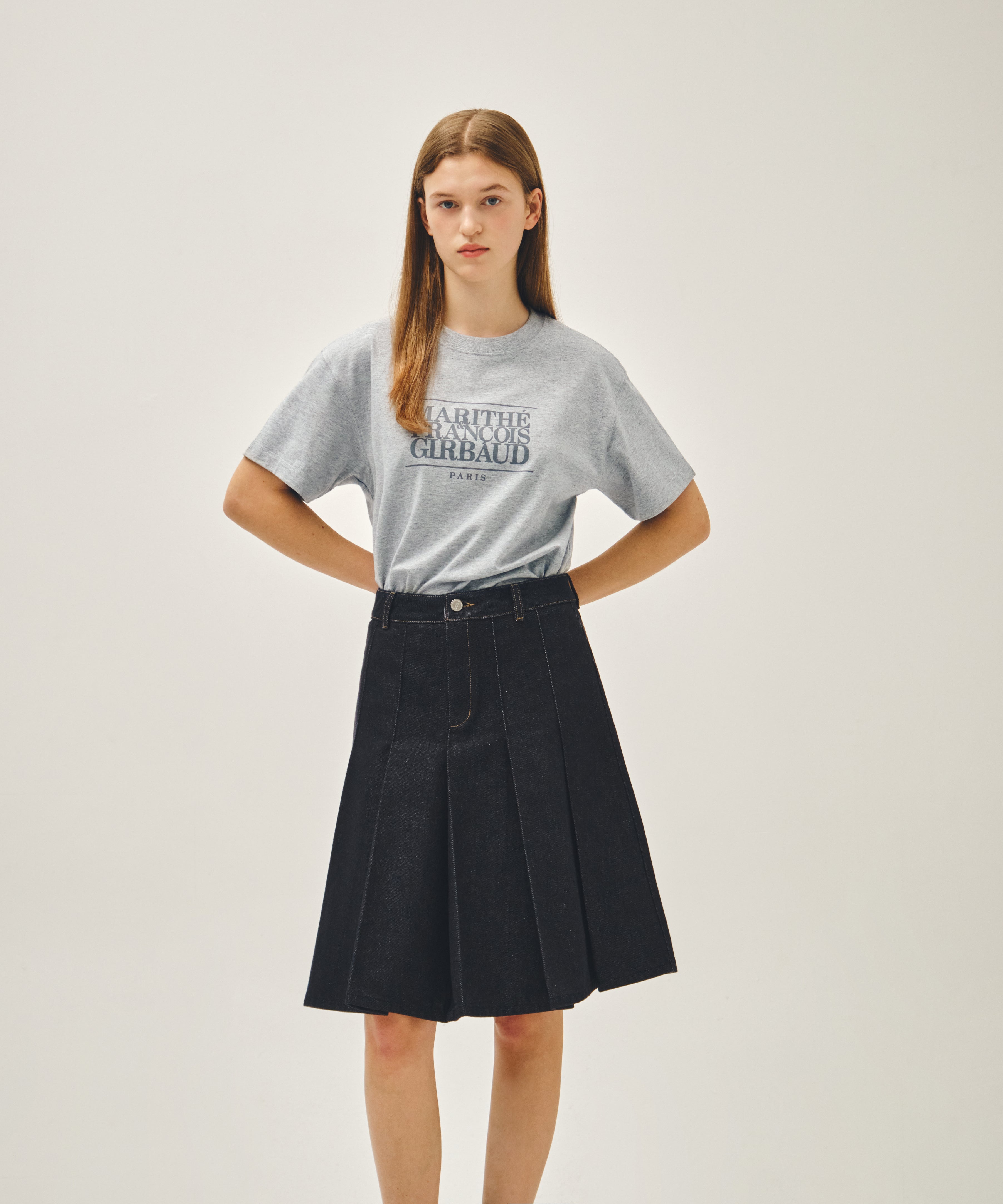 W DENIM PLEATED MIDI SKIRT