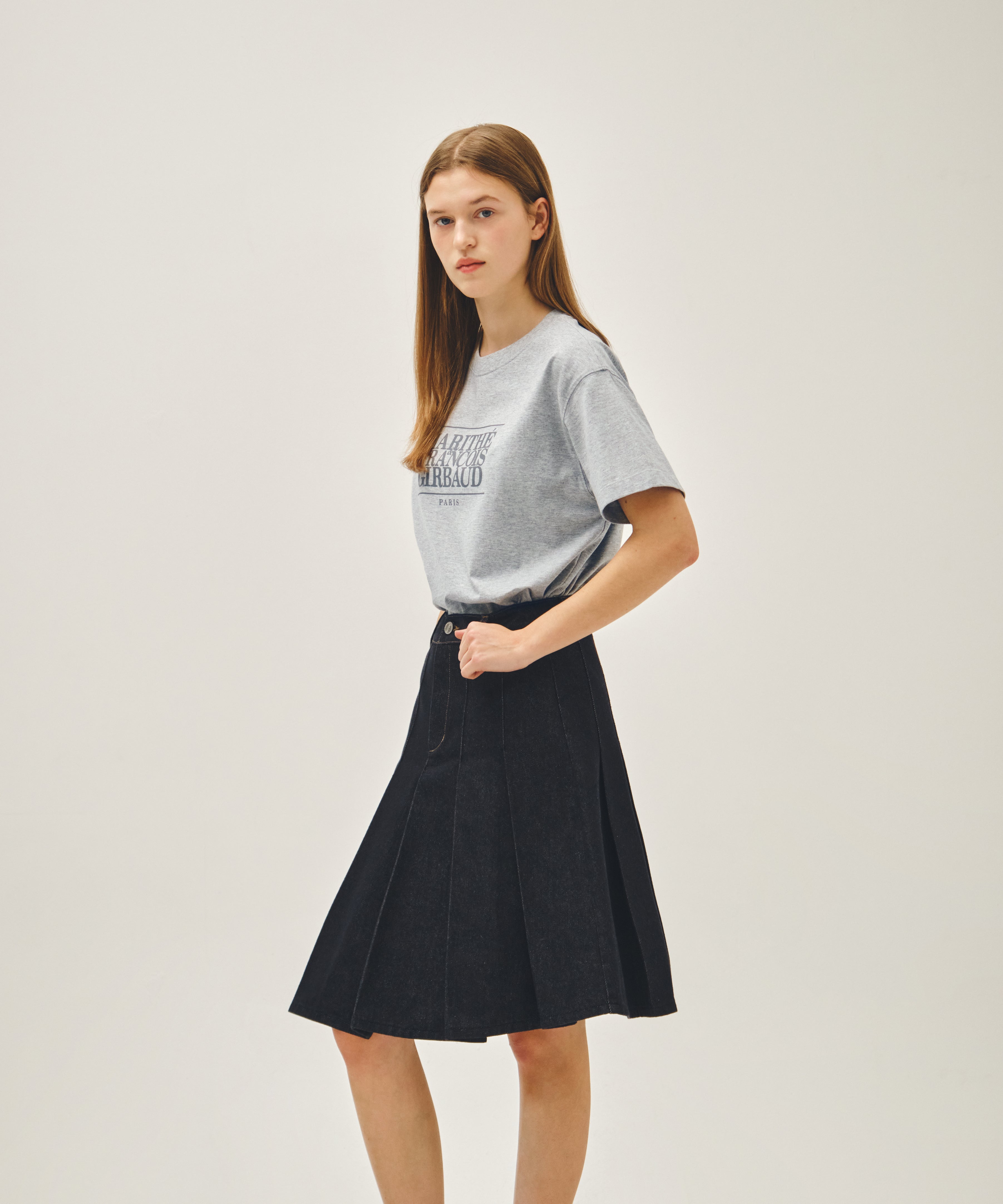 W DENIM PLEATED MIDI SKIRT