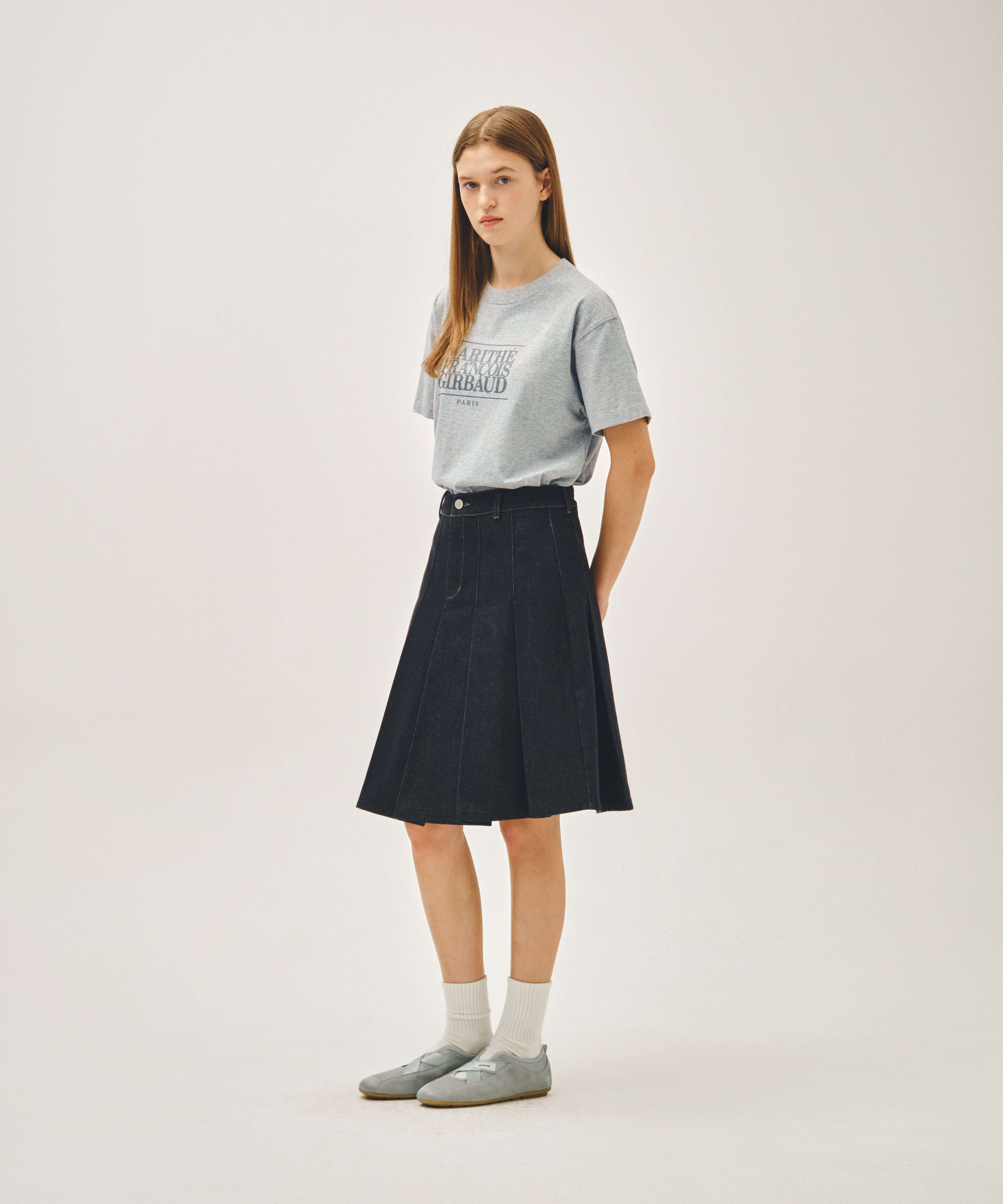 W DENIM PLEATED MIDI SKIRT