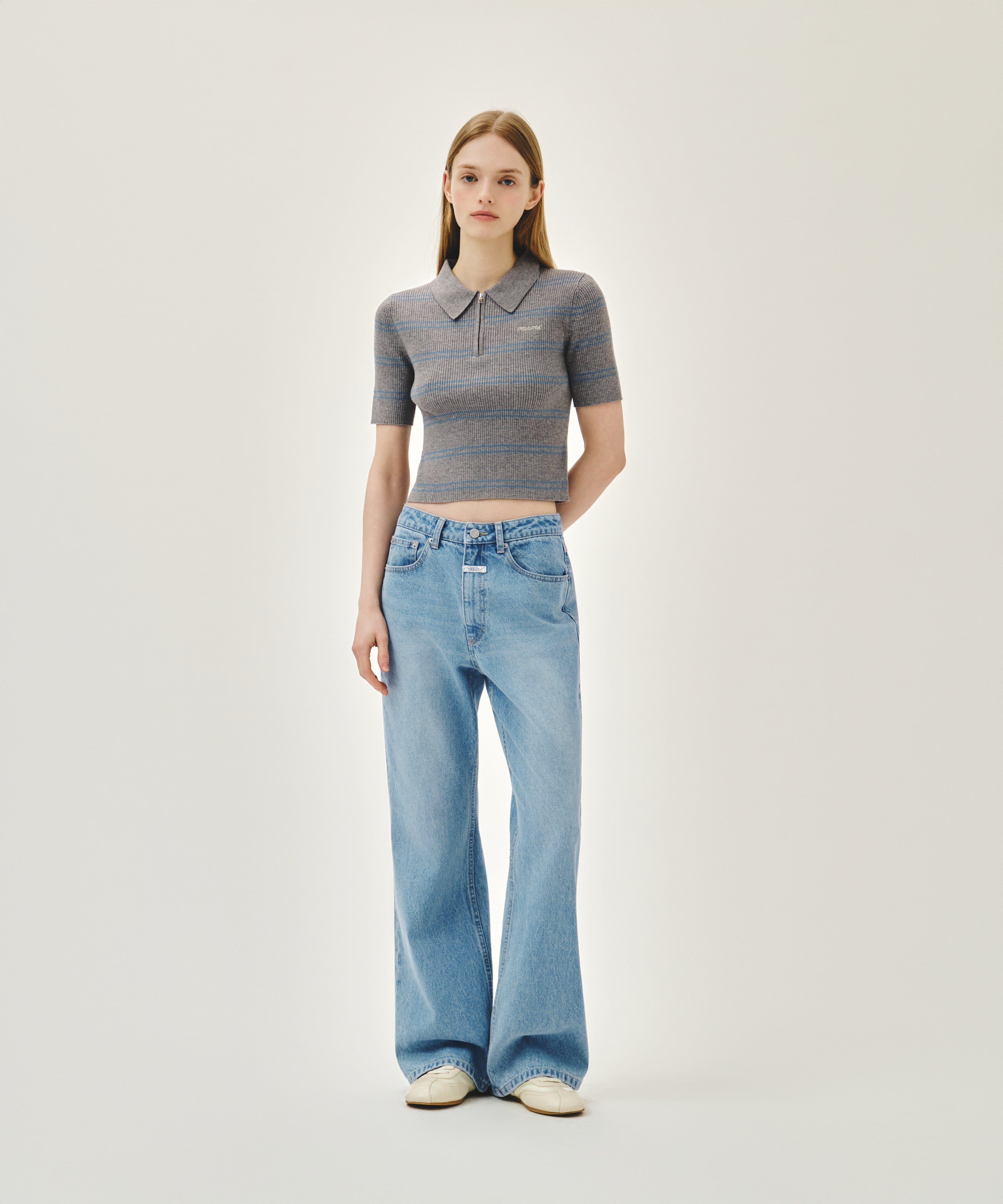 W STRIPE HALF ZIP UP SLIM KNIT