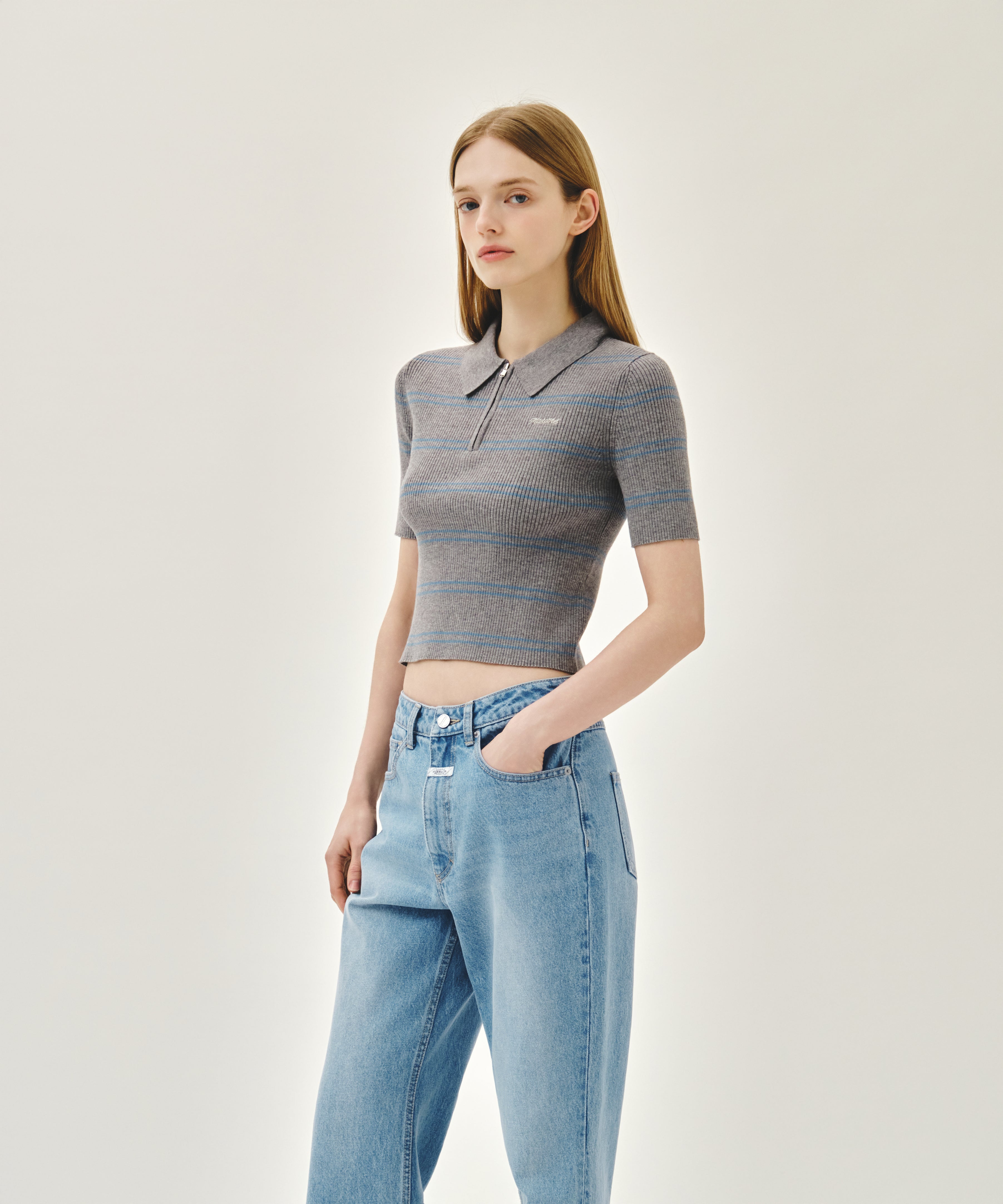 W STRIPE HALF ZIP UP SLIM KNIT