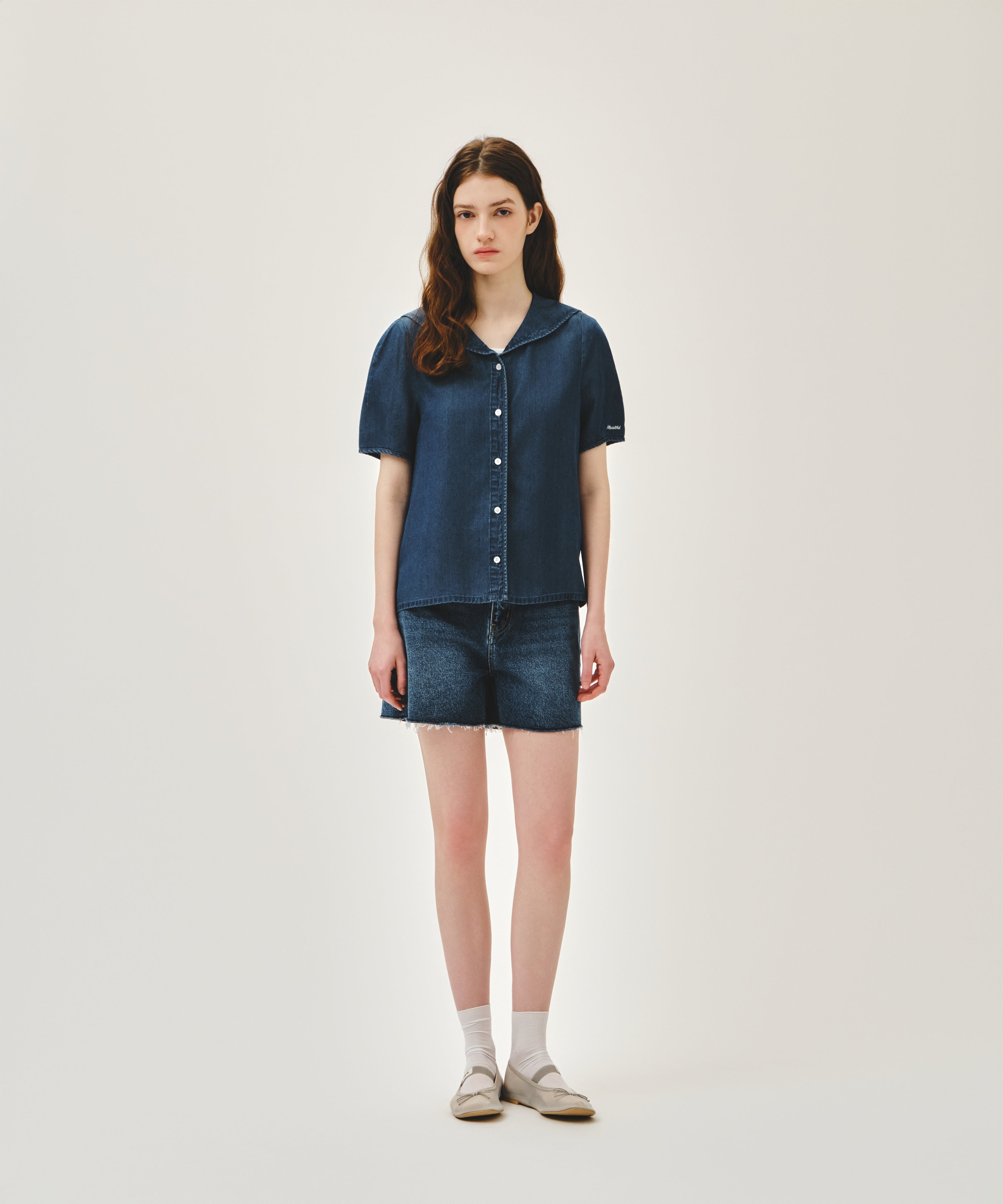 W SAILOR COLLAR SHORT SLEEVE CHAMBRAY SHIRT