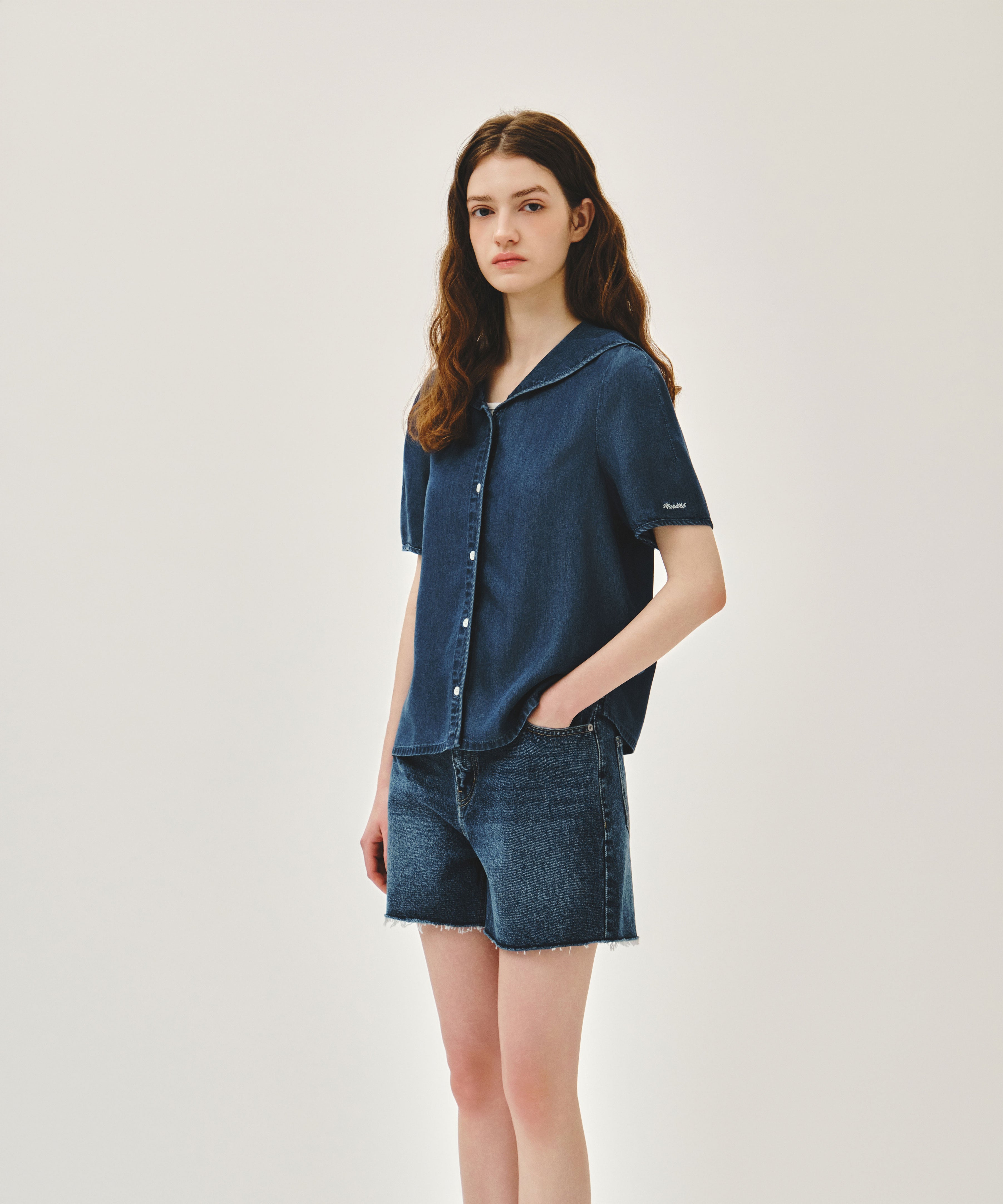 W SAILOR COLLAR SHORT SLEEVE CHAMBRAY SHIRT