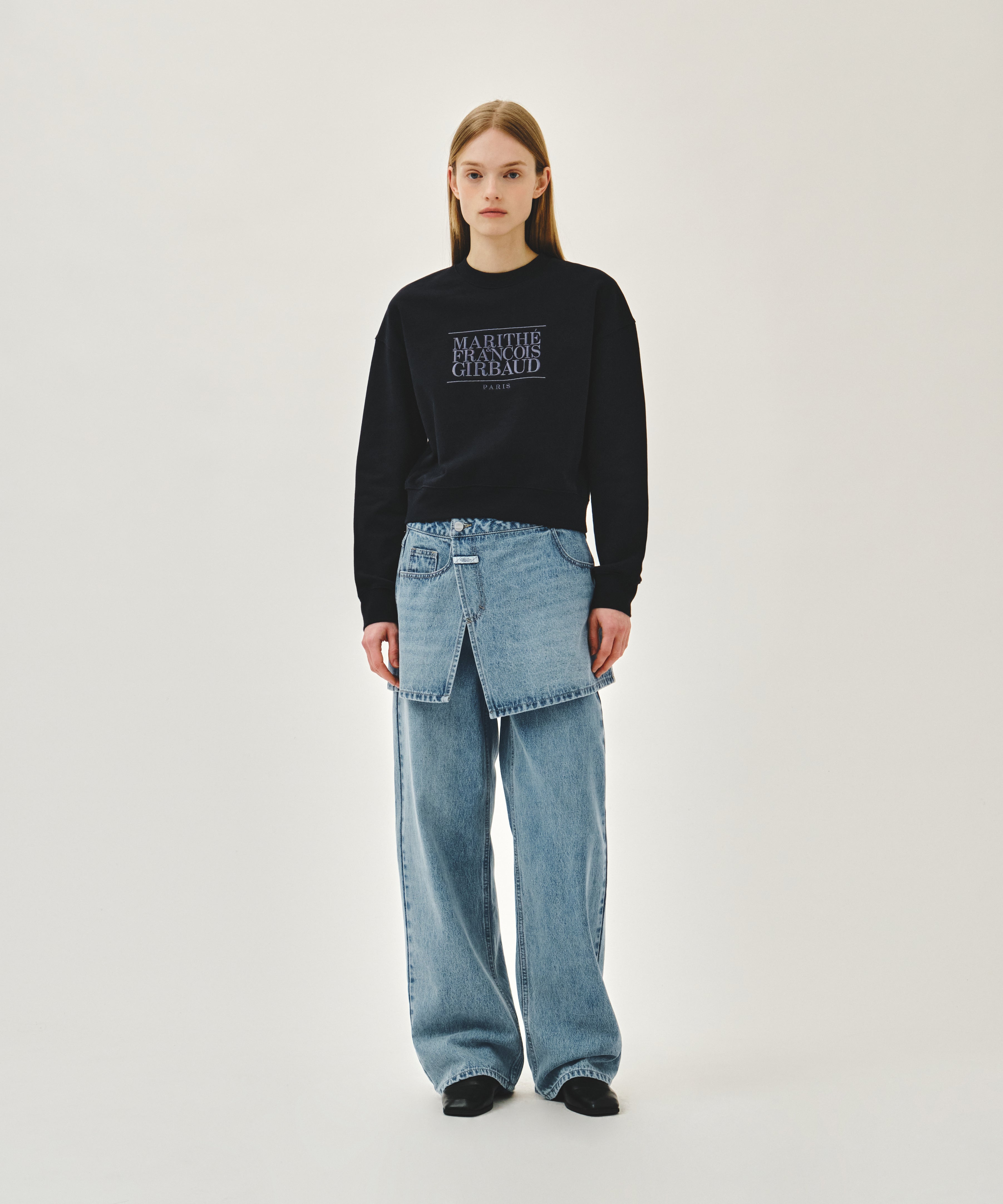 W LAYERED SKIRT DENIM PANTS