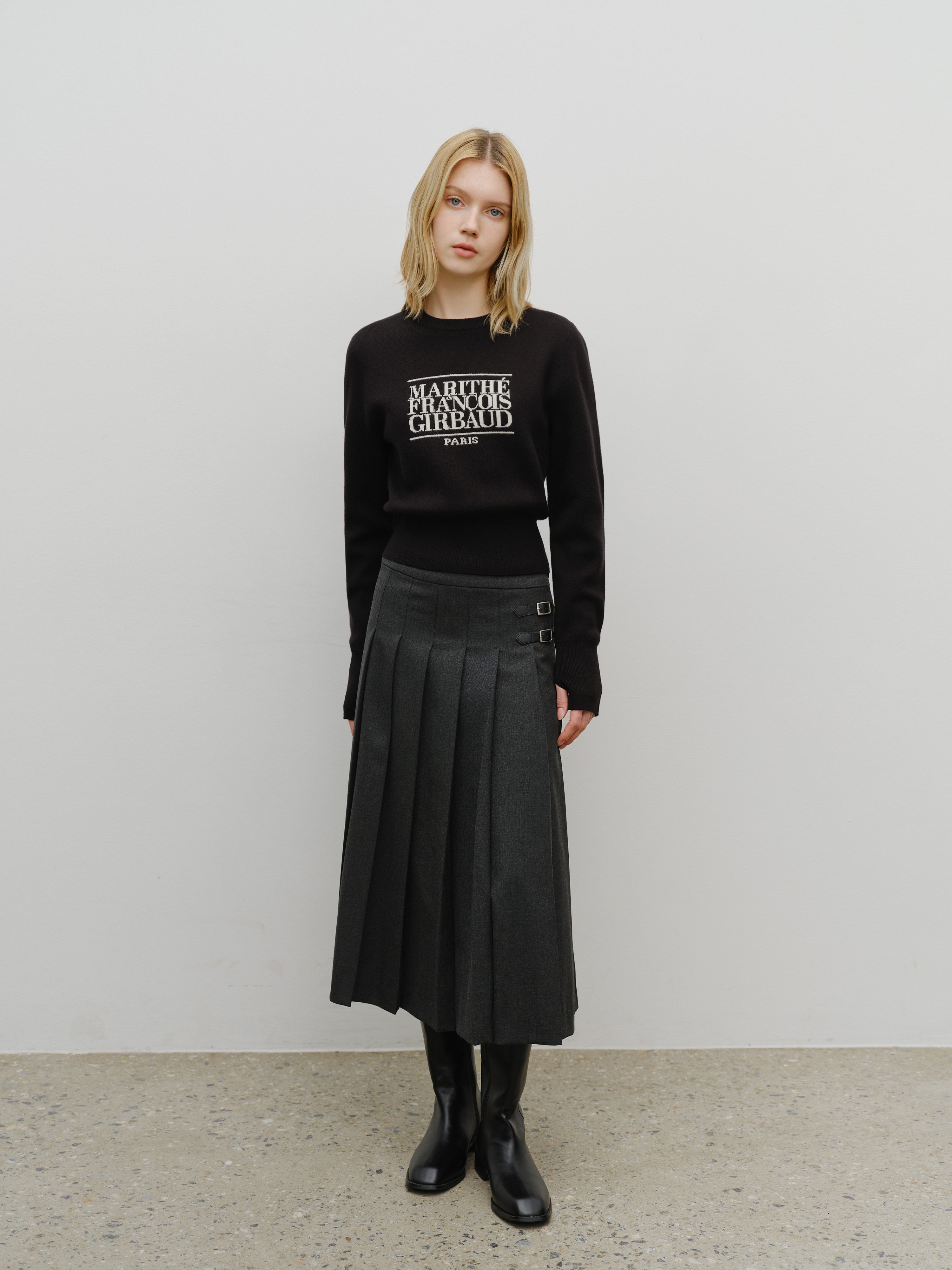 W BELTS PLEATED MIDI SKIRT