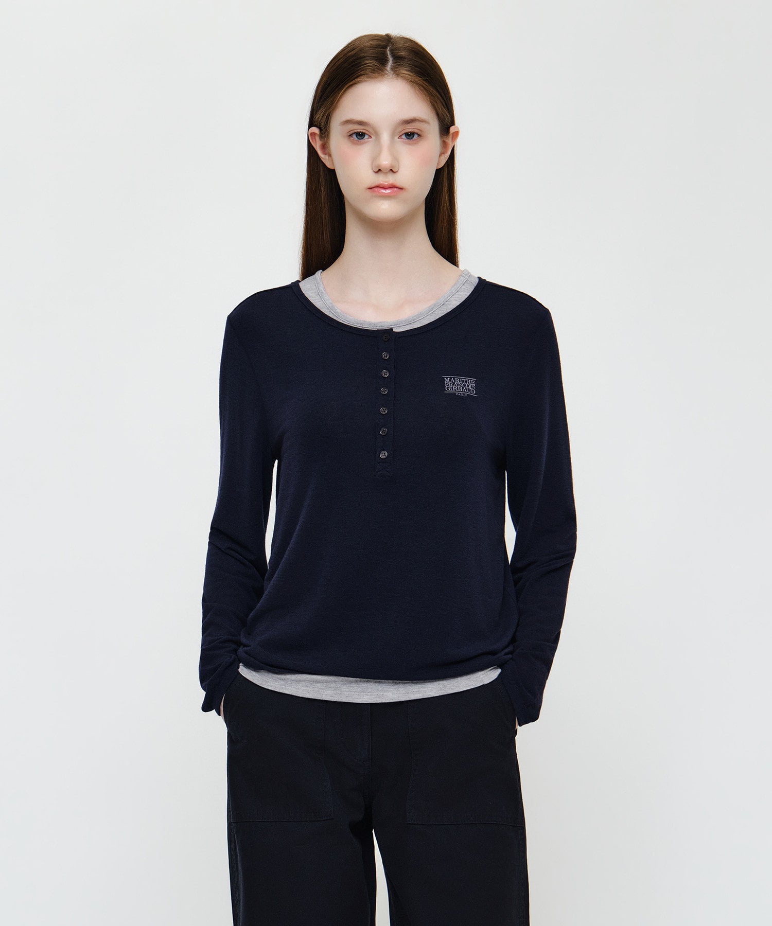 W HENLEY NECK LAYERED LONG SLEEVE TEE