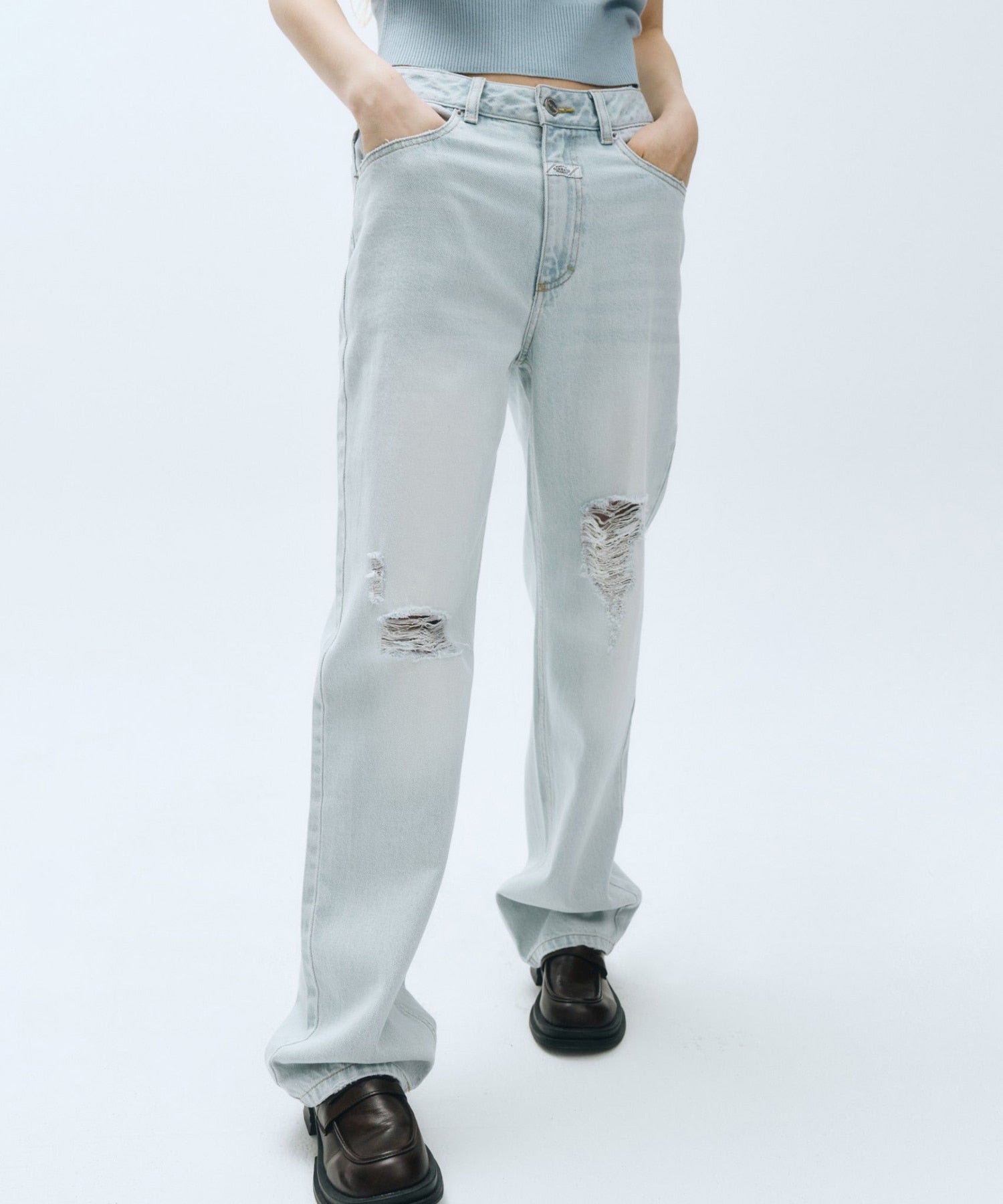 W DAMAGED WASHED DENIM PANTS